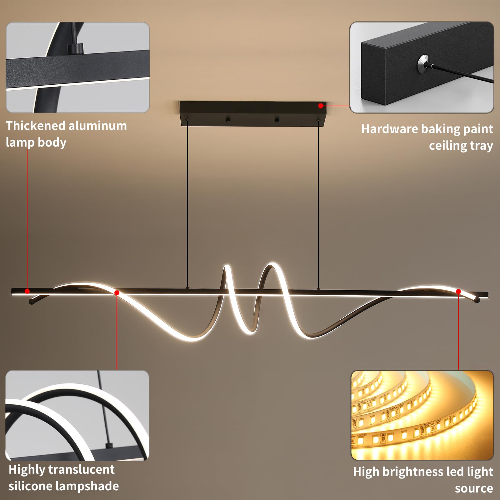 Modern Ceiling Chandelier Light with Remote Control - Dimmable 3 Color Modes (Warm/Cool/Neutral) & Adjustable Brightness, Anti-Flicker Pendant Lamp for Kitchen, Dining Room, Bedroom, Living Room, Bar and Office Lighting