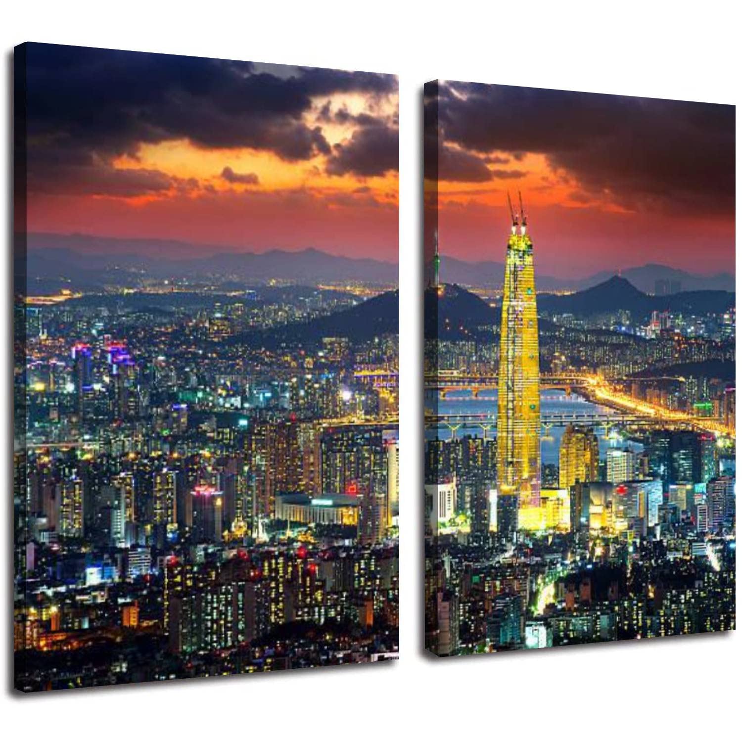 2 Panel Modern Canvas Wall Art - Seoul South Korea Skyline Painting - Large 24x36 Inch Wall Decor for Bedroom, Living Room, Home & Office | Perfect for Housewarming Gifts & Apartment Decor