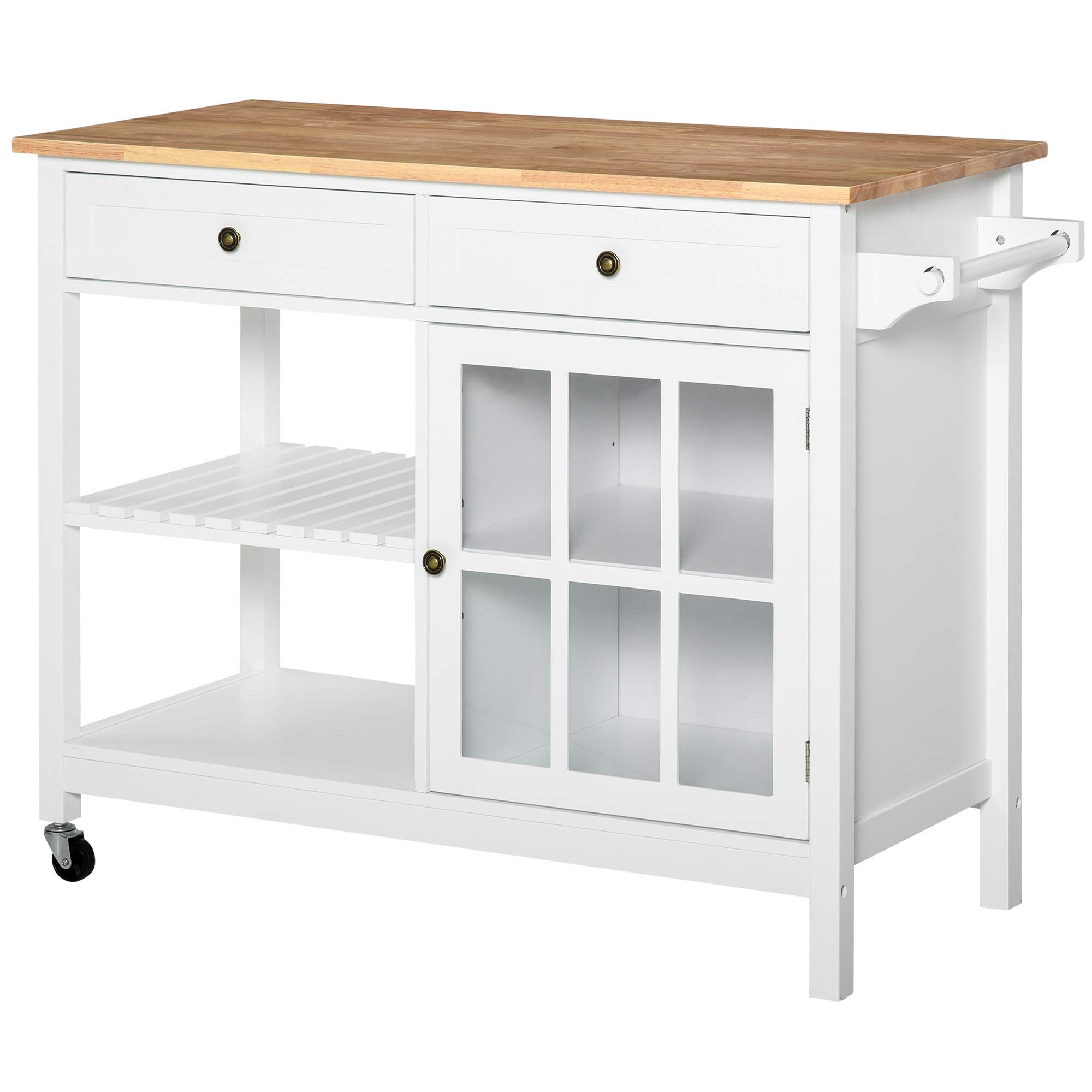 HOMCOM White Rolling Kitchen Island with Storage - Solid Wood Top, Glass Door Cabinet, Adjustable Shelf, Towel Rack & 2 Drawers - Perfect for Small Kitchen, Dining Room & Apartment Cooking Space