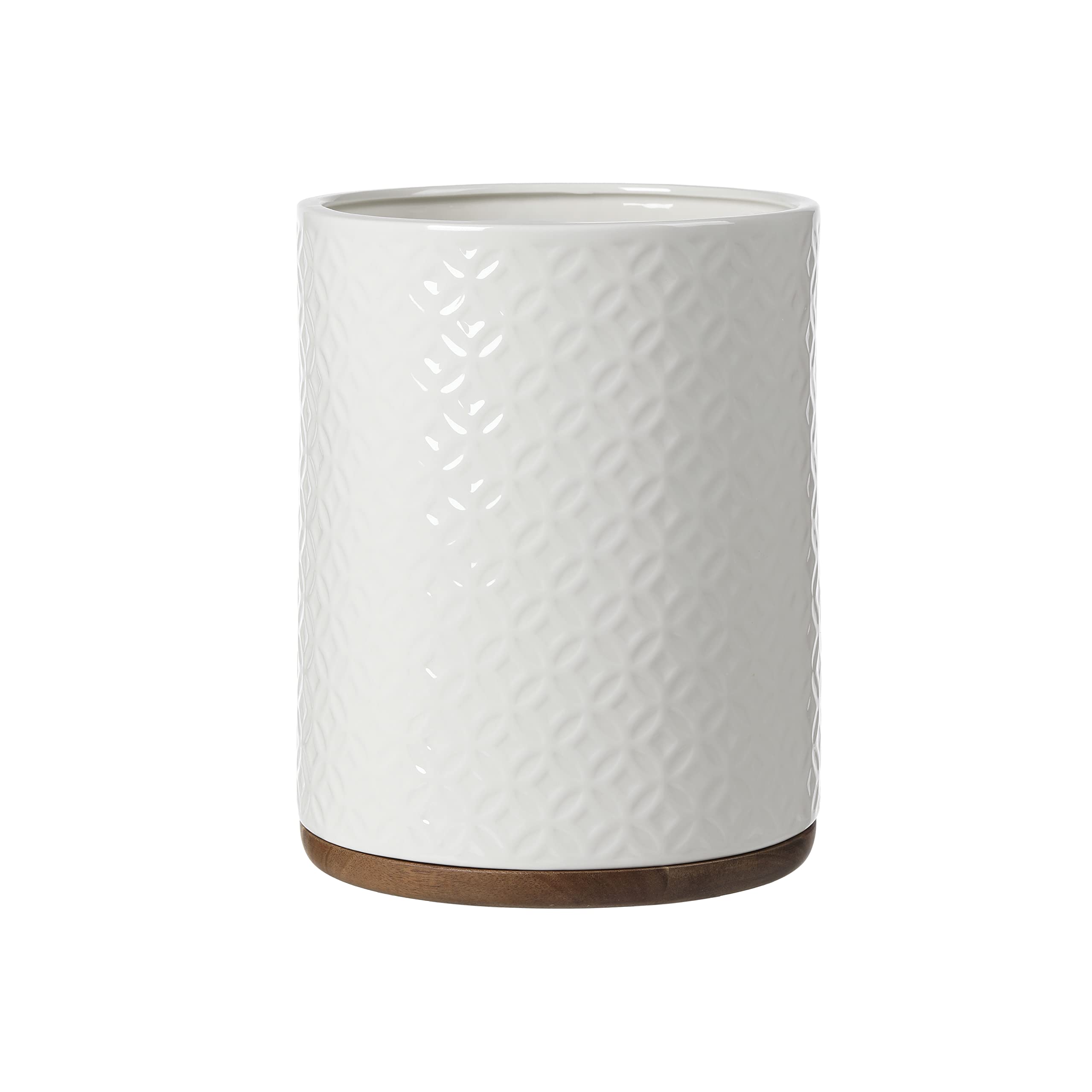 Elegant Ceramic Bathroom Trash Can with Wooden Base - White & Beige Decorative Waste Bin for Bathroom, Bedroom, or Office - Perfect for Home Décor and Organization