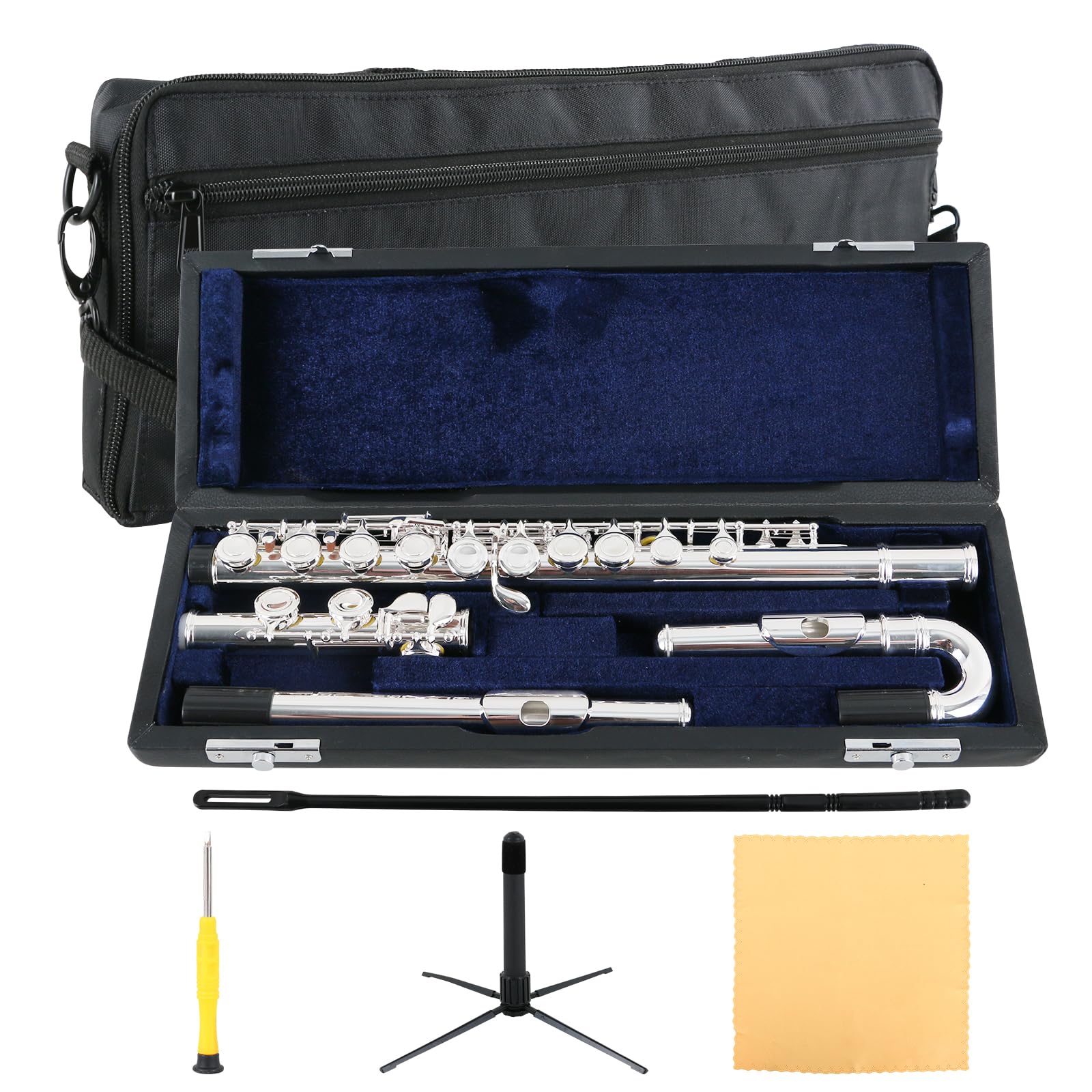 EASTROCK Silver Plated C Flute - 16 Keys Closed Hole Flute with Curved Head Joint for Beginners | Includes Mouthpiece, Cleaning Kit, Stand, Carrying Case, Gloves & Tuning Rod | Perfect for Kids, Students & Music Practice at Home or School