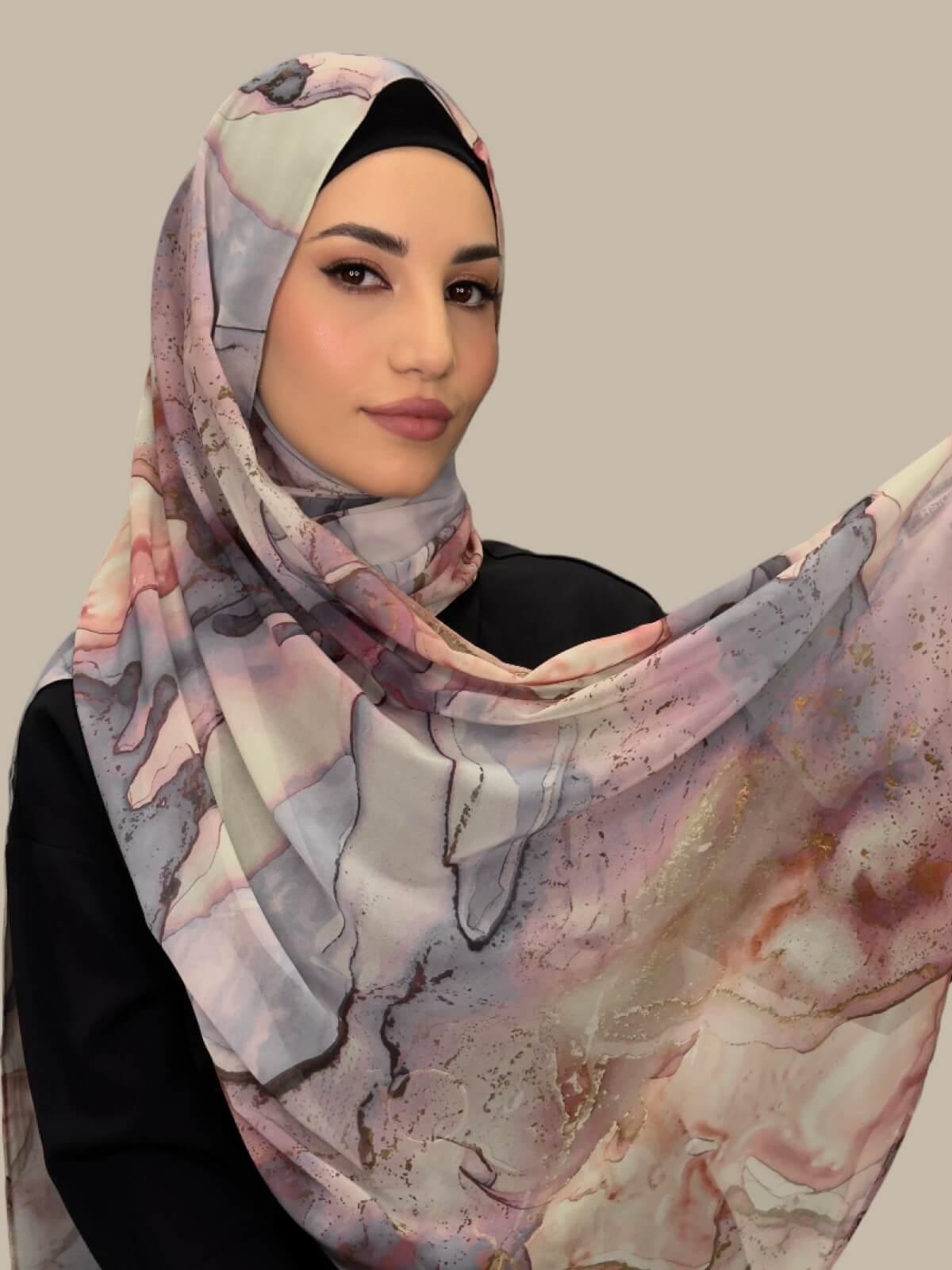 Elegant Printed Chiffon Hijab in Blush Quartz - Lightweight Muslim Scarf for Women, Perfect for Daily Wear, Prayer, and Special Occasions
