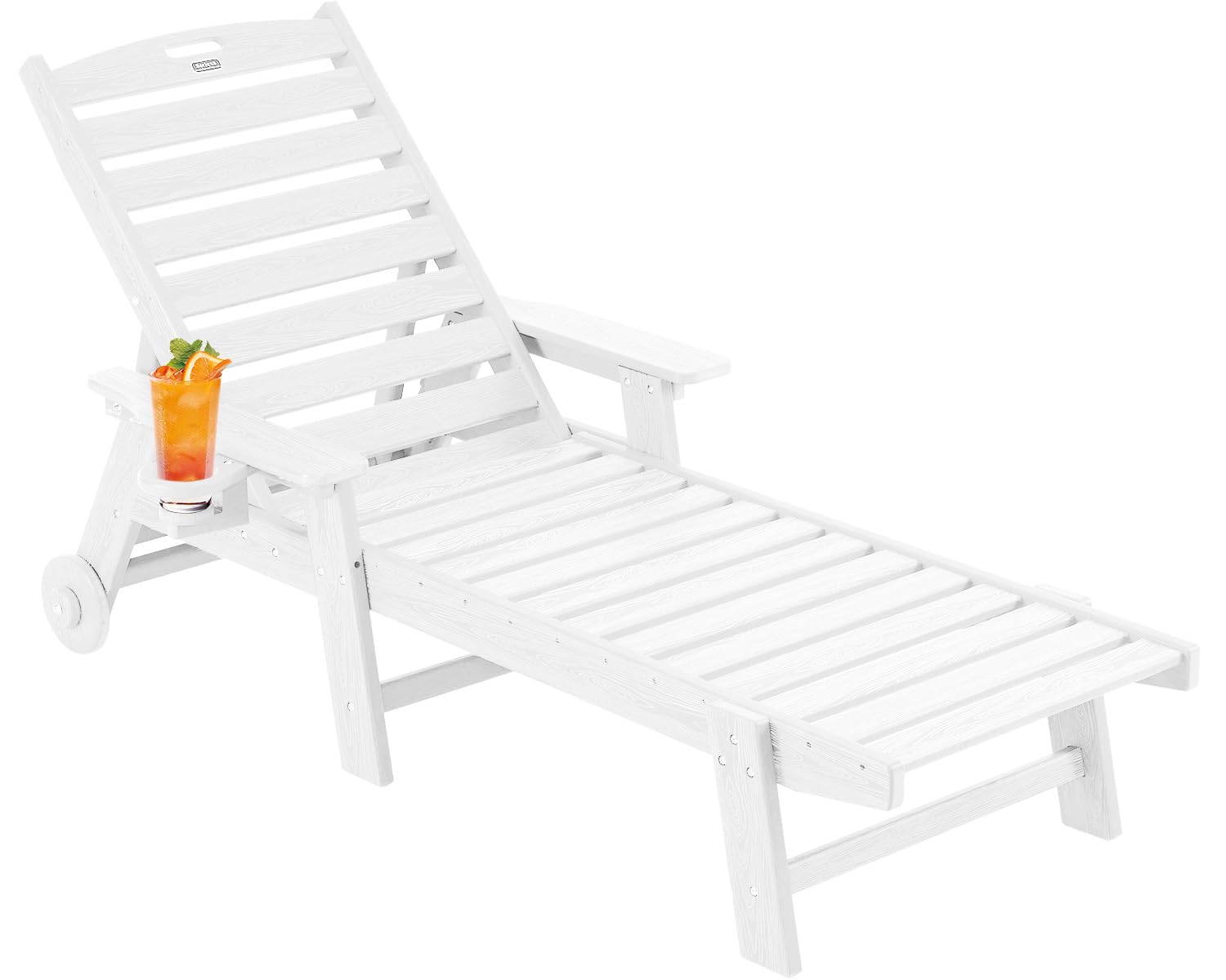 Outdoor Chaise Lounge Chair with Wheels - Oversized Patio Lounge Chair with Wood Texture, 5-Position Adjustable Plastic Sunbed for Poolside, Deck, Beach & Garden - Perfect for Relaxing, Sunbathing & Lounging (White)