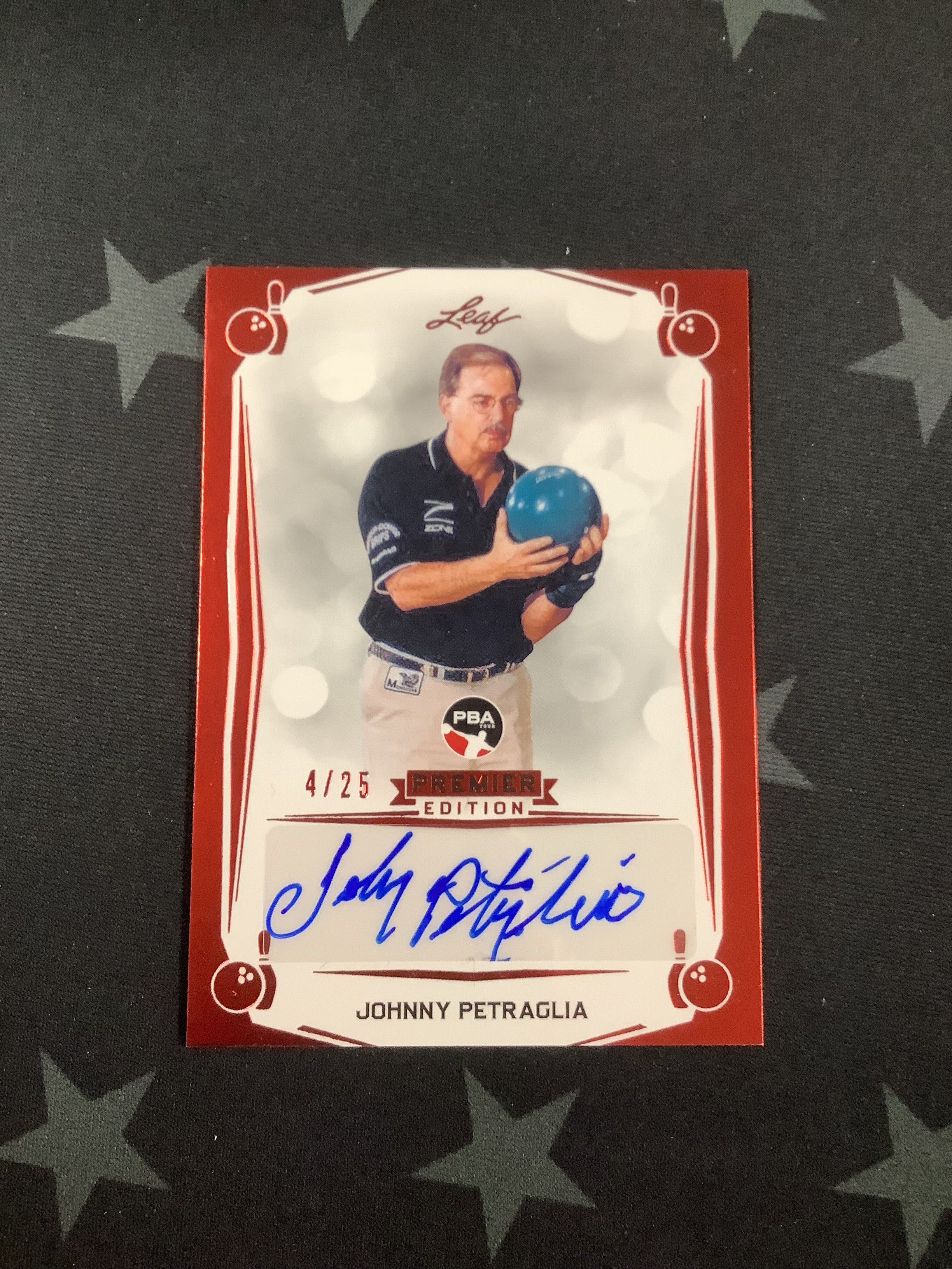 2023 LEAF PREMIER EDITION PBA Johnny Petraglia Red Autograph Card #4/25 - Limited Edition Collectible for Bowling Fans & Sports Memorabilia Enthusiasts