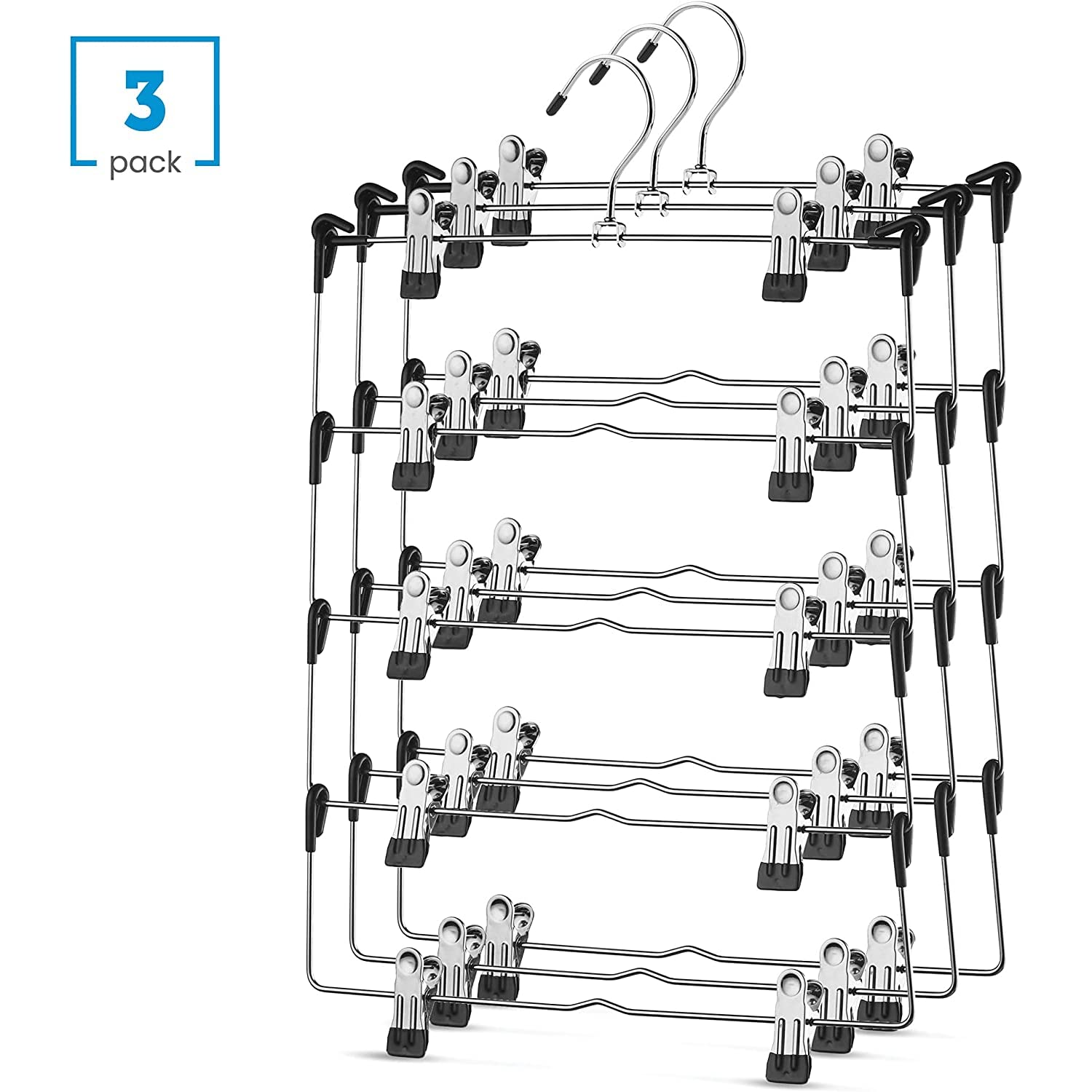 Zober 5-Tier Space Saving Skirt & Pants Hangers with Non-Slip Adjustable Clips & Swivel Hooks - Heavy Duty Metal Clothes Hangers for Women (3-Pack) - Perfect for Closet Organization, Wardrobe Storage and Travel Packing