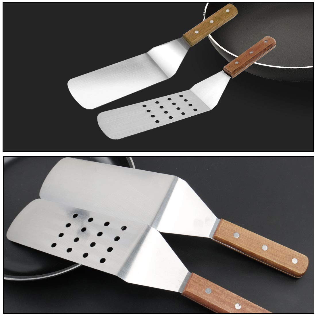 uxcell 2-Piece Wooden Handle Griddle Spatula Set - Perfect for Flipping Pancakes, Pizza, Lasagna & Desserts - Non-Stick Kitchen Utensil for Baking, Grilling & Cooking