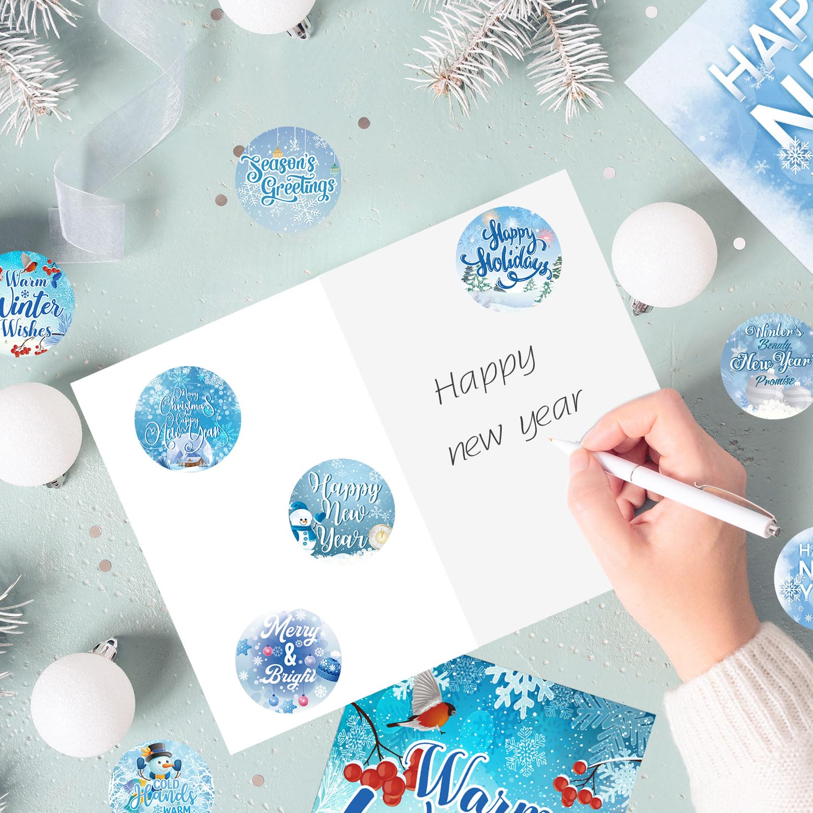 HOWAF 9-Piece Happy New Year Greeting Card Set with Envelopes & Stickers - Winter Holiday Christmas Cards for Employees, Friends & Family - Festive Thank You Cards for Office Gifts, Holiday Parties & Seasonal Greetings