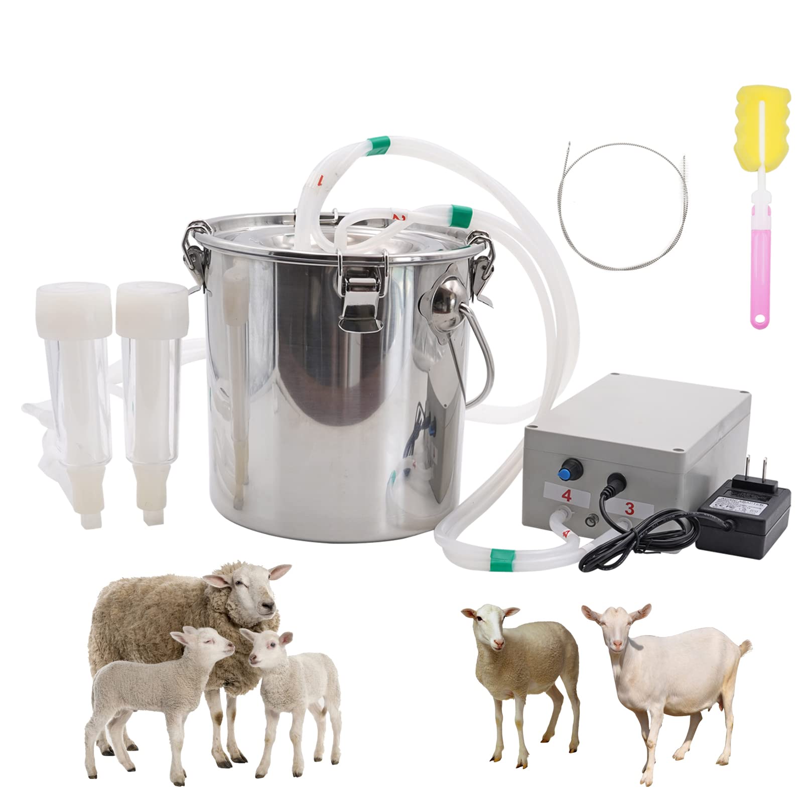 5L Electric Goat Milking Machine with Adjustable Pulsation & Vacuum - Automatic Pulsating Vacuum Pump for Livestock - Stainless Steel Bucket Included - Perfect for Small Farms & Homesteads