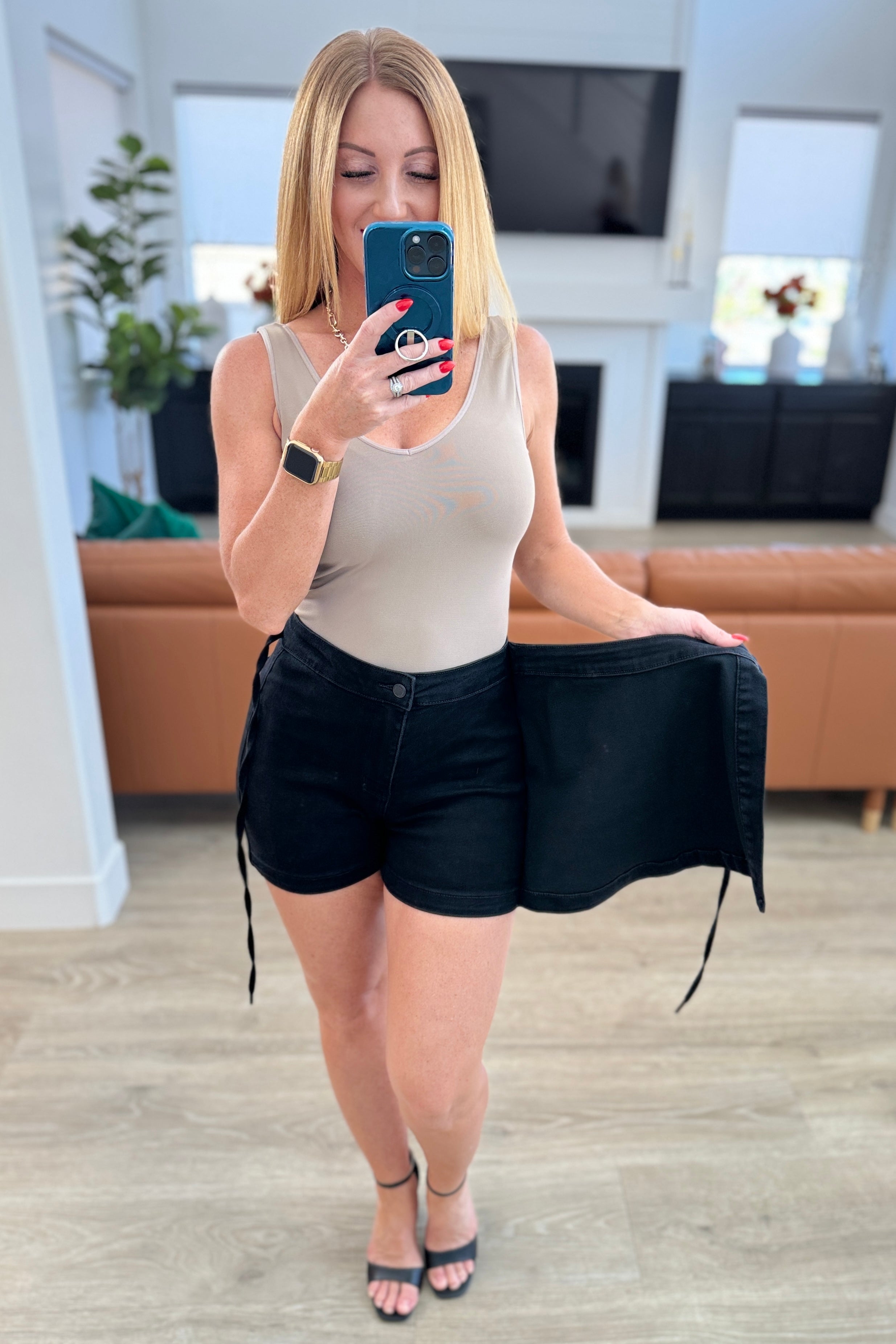 Bentli High Rise Side Tie Denim Skort - Black Stretchy Denim Skirt Shorts for Women | Casual Outfits, Summer Fashion & Street Style