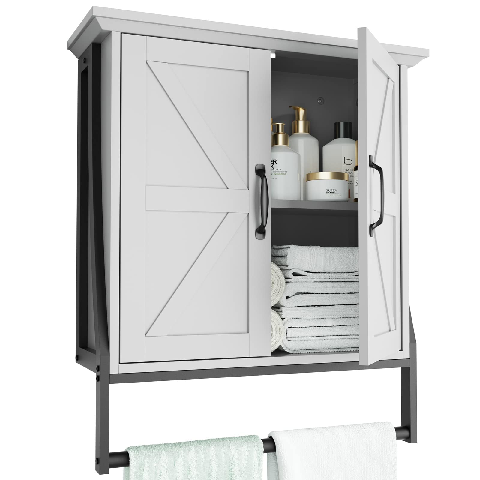 Wall Mounted Bathroom Cabinet with 2 Barn Doors & Towel Bar - Over Toilet Storage Organizer, Medicine Cabinet for Bathroom (Gray) | Perfect for Small Bathrooms, Apartment Storage & Space Saving Solutions
