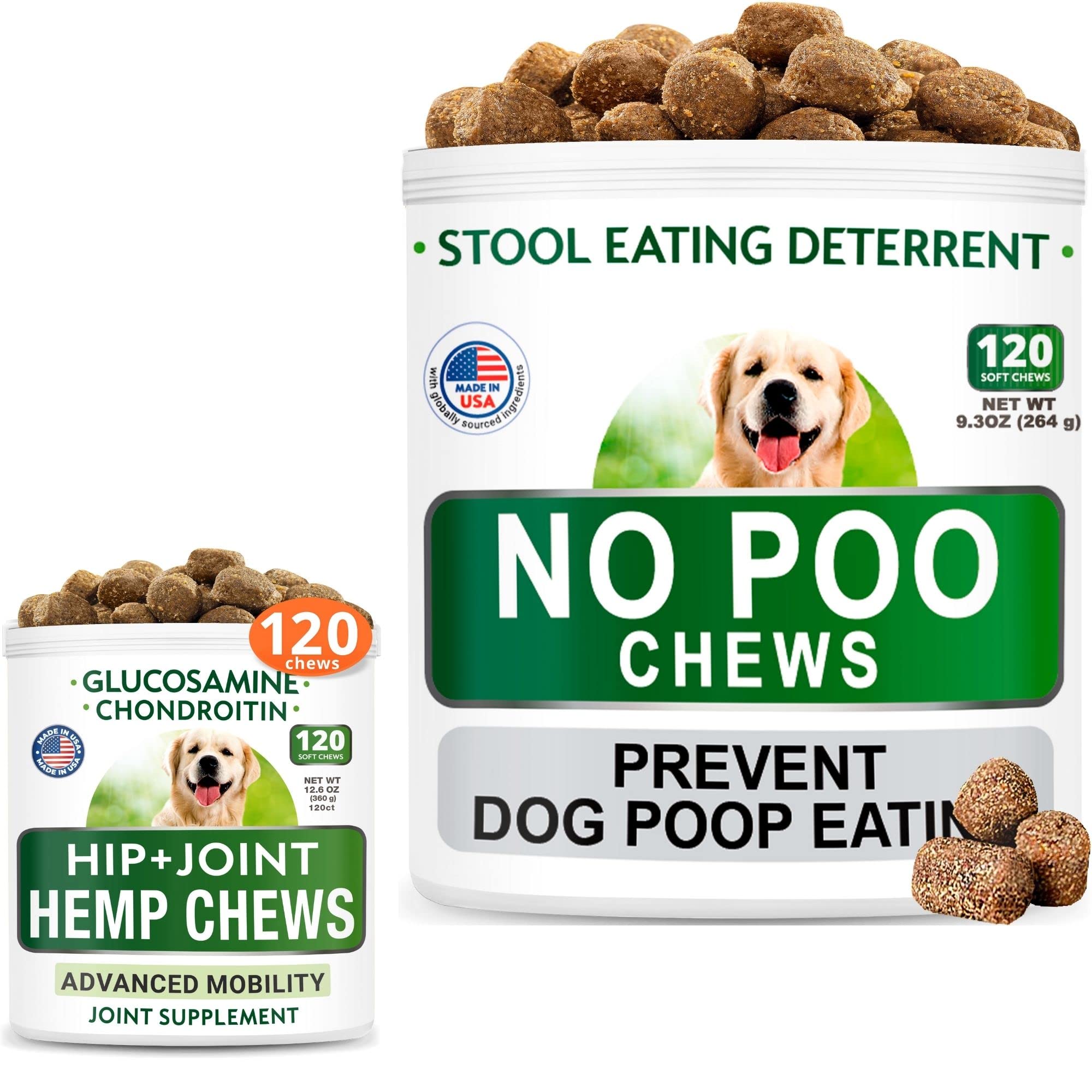 NO Poo + Hemp + Glucosamine Dog Treats Bundle - Stool Eating Deterrent & Joint Pain Relief Chews with Probiotics, Enzymes, MSM, Chondroitin, Hemp Oil & Omega 3 - Supports Digestive Health & Freshens Breath - 480 Chews for Small, Medium & Large Dogs - Perfect for Training, Rewards & Daily Health Maintenance