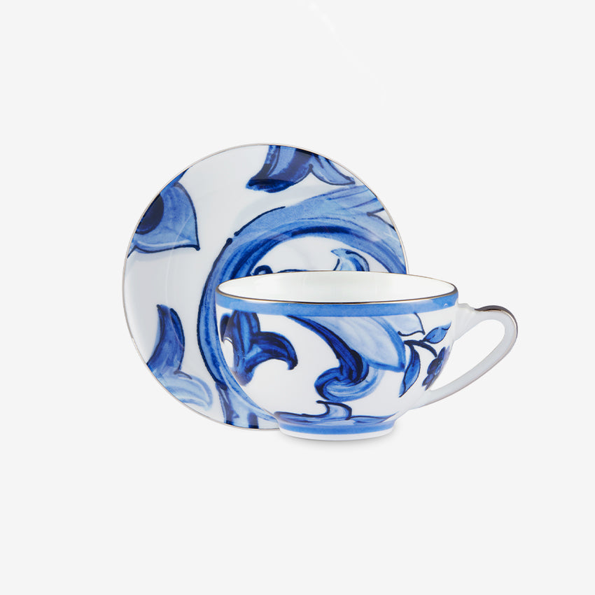 Dolce & Gabbana Casa Blue Mediterraneo Fiore Tea Cup and Saucer Set - Elegant Floral Porcelain Tea Set for Afternoon Tea, Bridal Shower & Home Decor
