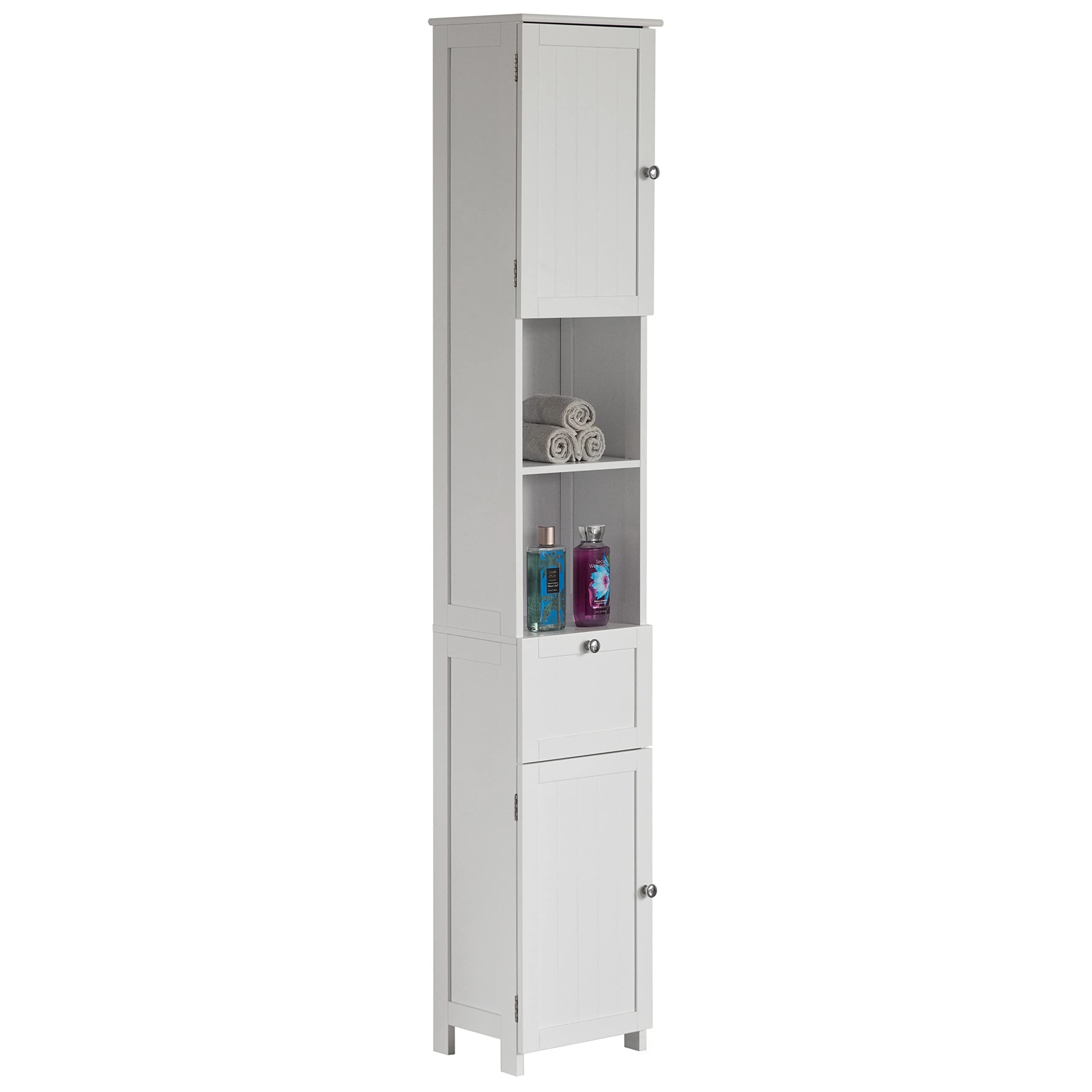 Basicwise White Tall Standing Linen Tower Storage Cabinet - Organize Bathroom & Vanity Essentials - Perfect for Towels, Toiletries & Cosmetics Storage