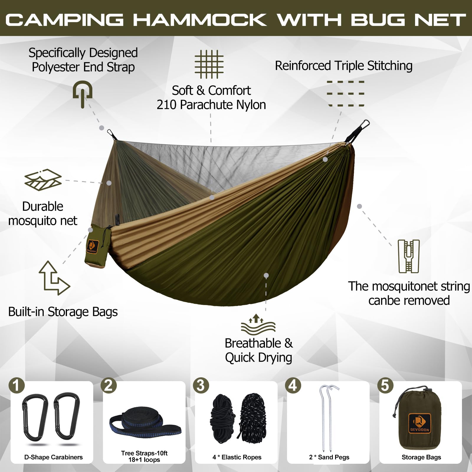 Portable Camping Hammock with Mosquito Net - Lightweight Nylon Parachute Hammock for Outdoor Adventures | Includes 10ft Tree Straps | Perfect for Travel, Hiking, Backpacking, Beach & Patio (Green & Khaki) | Great for Summer Camping, Backyard Relaxation & Wilderness Adventures