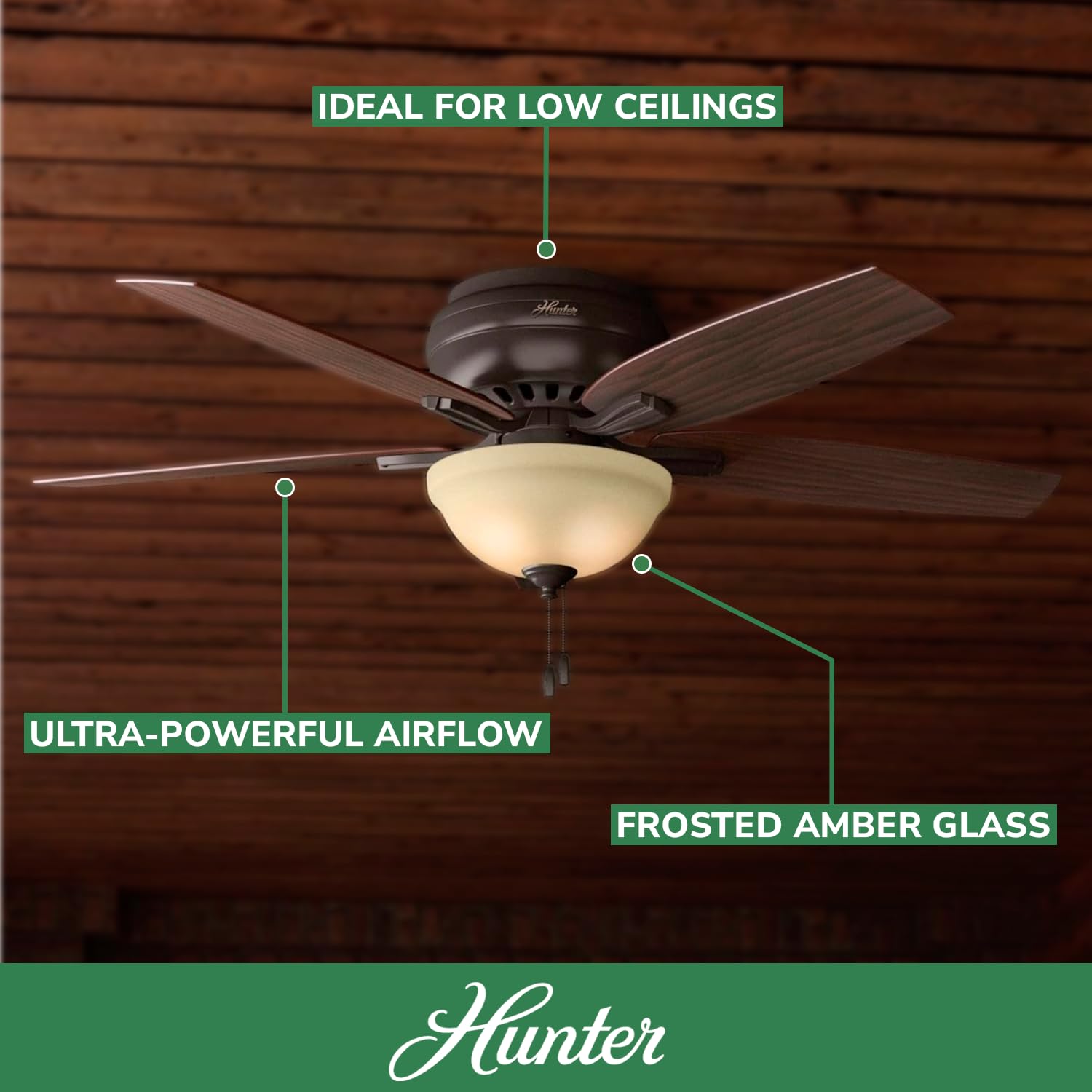 Hunter Fan Company 53314 52-Inch Newsome Premier Bronze Low Profile Ceiling Fan with LED Light Kit and Pull Chain - Perfect for Bedroom, Living Room, and Indoor Spaces