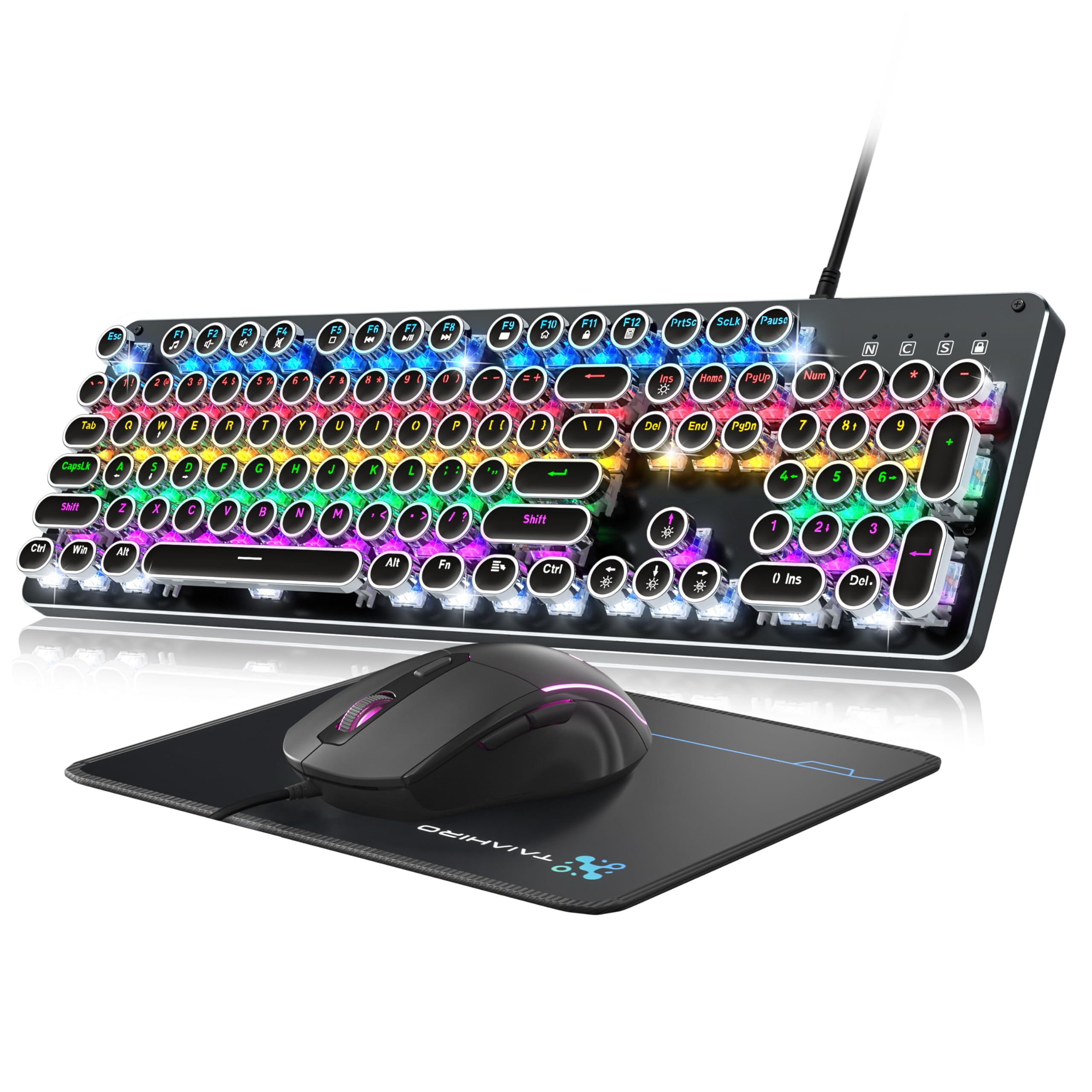 Vintage Typewriter Mechanical Gaming Keyboard & Mouse Combo - Blue Switch, RGB Backlit 104 Keys, Metal Panel Retro Design with Round Keycaps - Anti-Ghost Wired Keyboard Set for PC, Laptop, Mac Gamers - Perfect for Retro Gaming, Office Work & Typing Enthusiasts