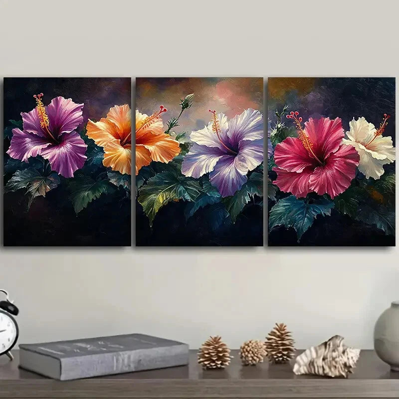 3-Piece Vibrant Hibiscus Flower Metal Wall Art Prints - Ready to Hang Tropical Home Decor for Living Room, Bedroom & Office