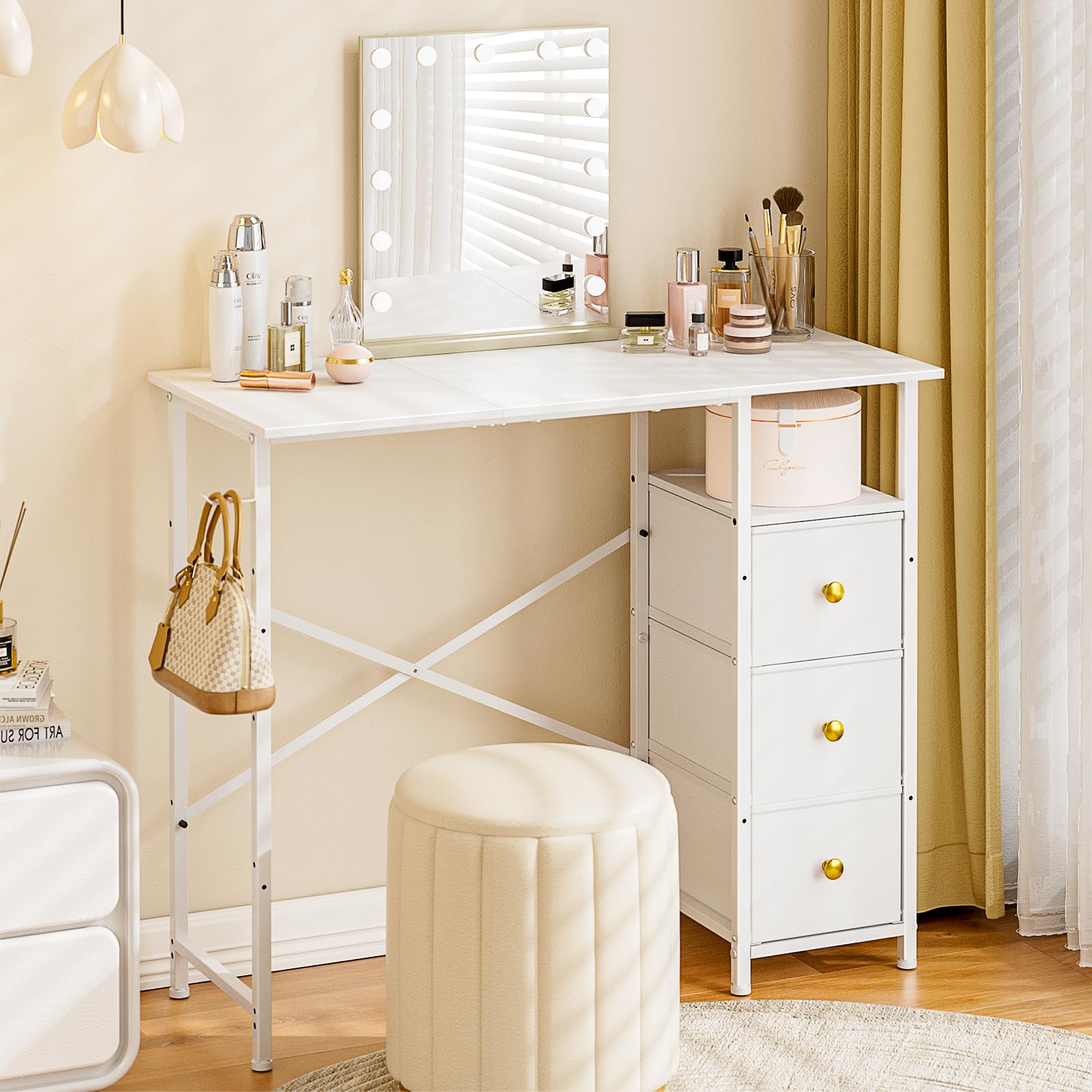 White Vanity Desk Without Mirror - Small Makeup Table with 3 Fabric Drawers & Storage Hook - 35.4 Inch Dressing Table for Small Spaces - Perfect for Bedroom, Apartment & Dorm Room Organization