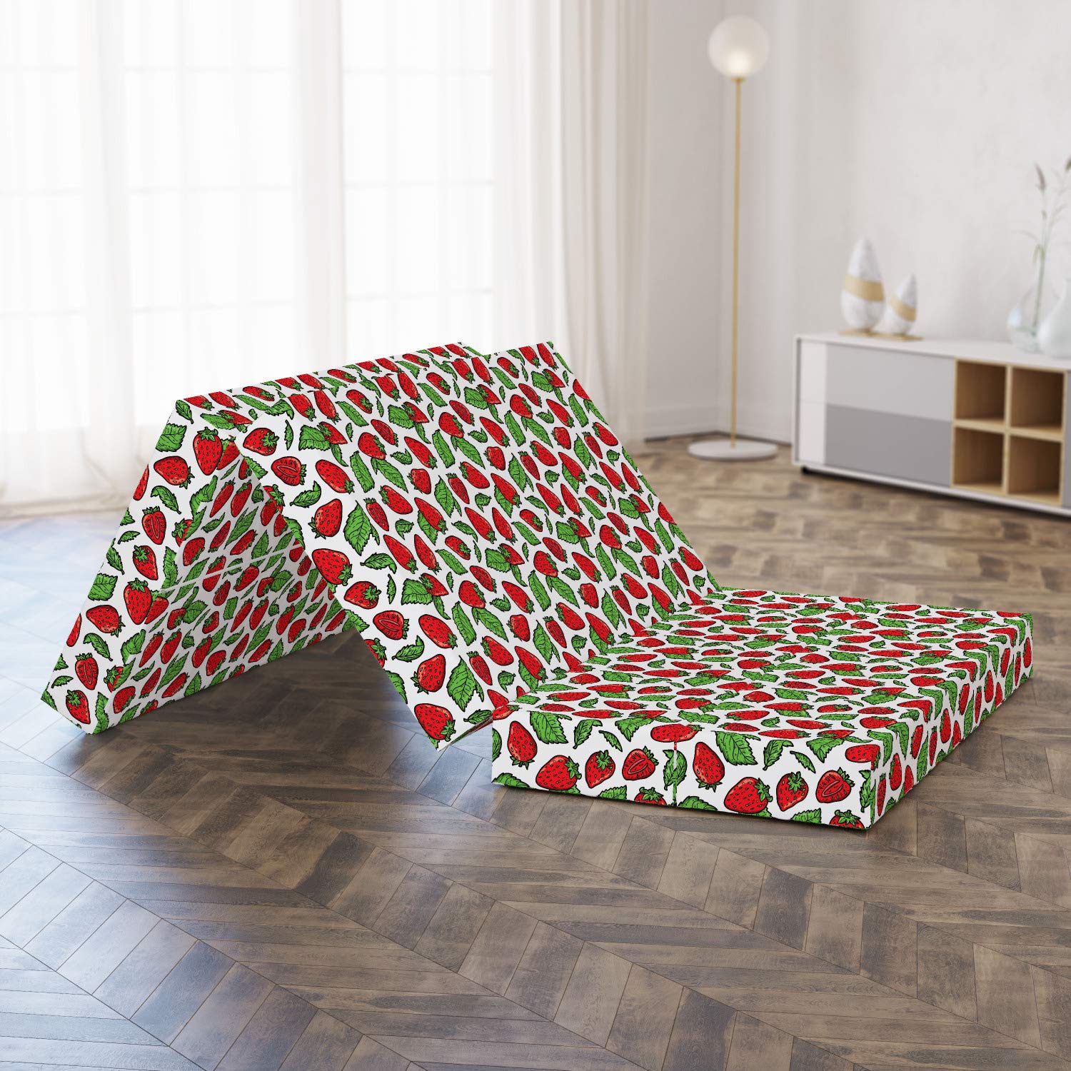 Ambesonne Fruit Foldable Mattress - Juicy Strawberry Leaves Design, 78.7 x 47.2 Inches, Fern Green & Red - Perfect for Guest Beds, Dorm Rooms, and Camping Trips
