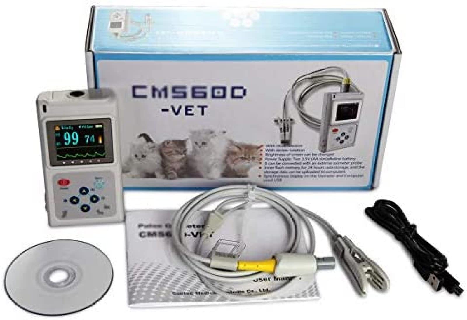Rechargeable Veterinary Pulse Oximeter - Heart Rate & SPO2 Monitor with Ear/Tongue Sensor for Pets - Home & Hospital Use for Dogs, Cats, and Small Animals