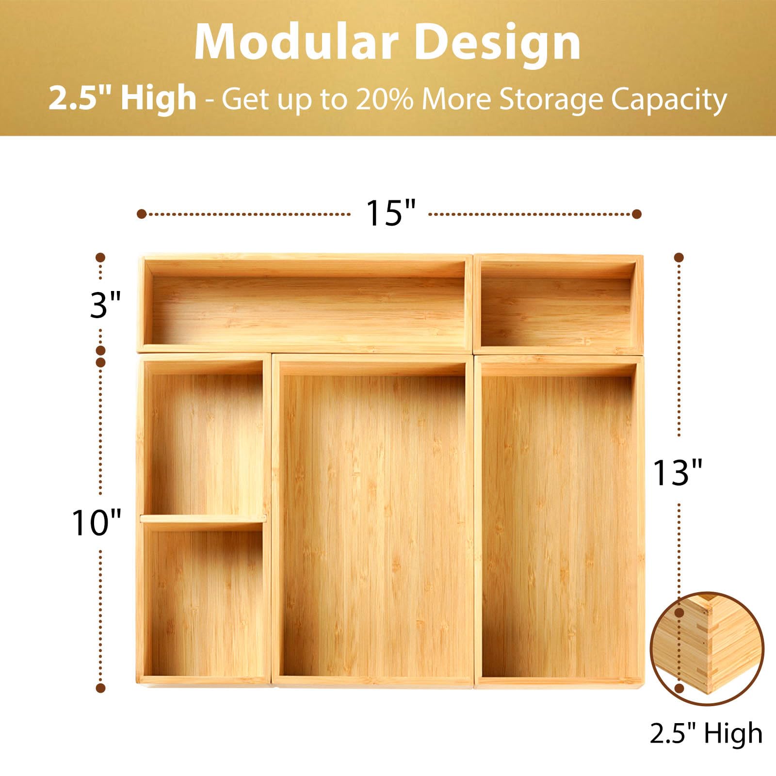 Umilife Bamboo Drawer Organizer Set - 5 Adjustable Storage Bins for Kitchen, Office, Closet & Vanity (2.5