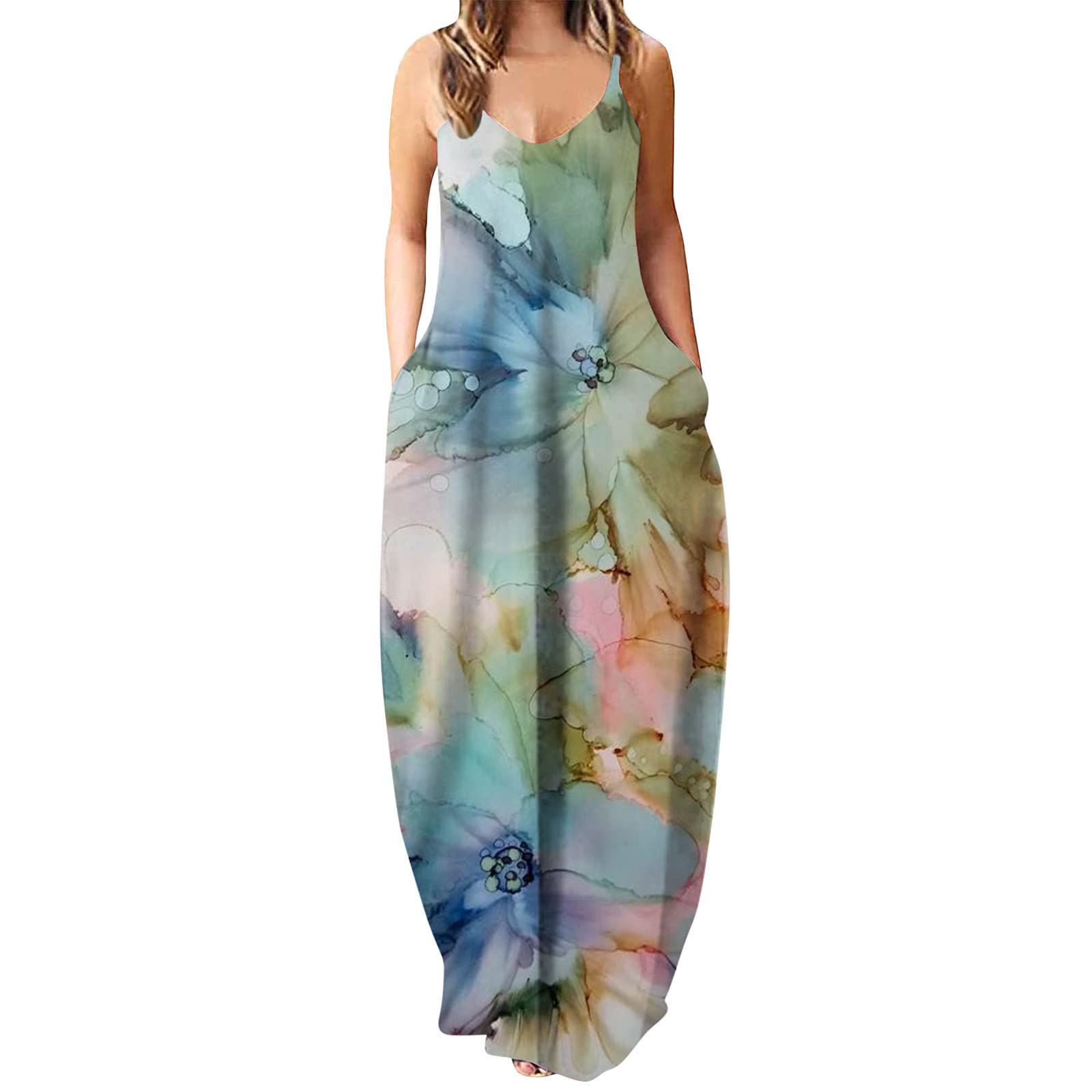 Sexy V-Neck Boho Summer Dress for Women - Sleeveless Strap Maxi Beach Dress, Casual Loose Long Dress for Vacation, Party & Outdoor Date