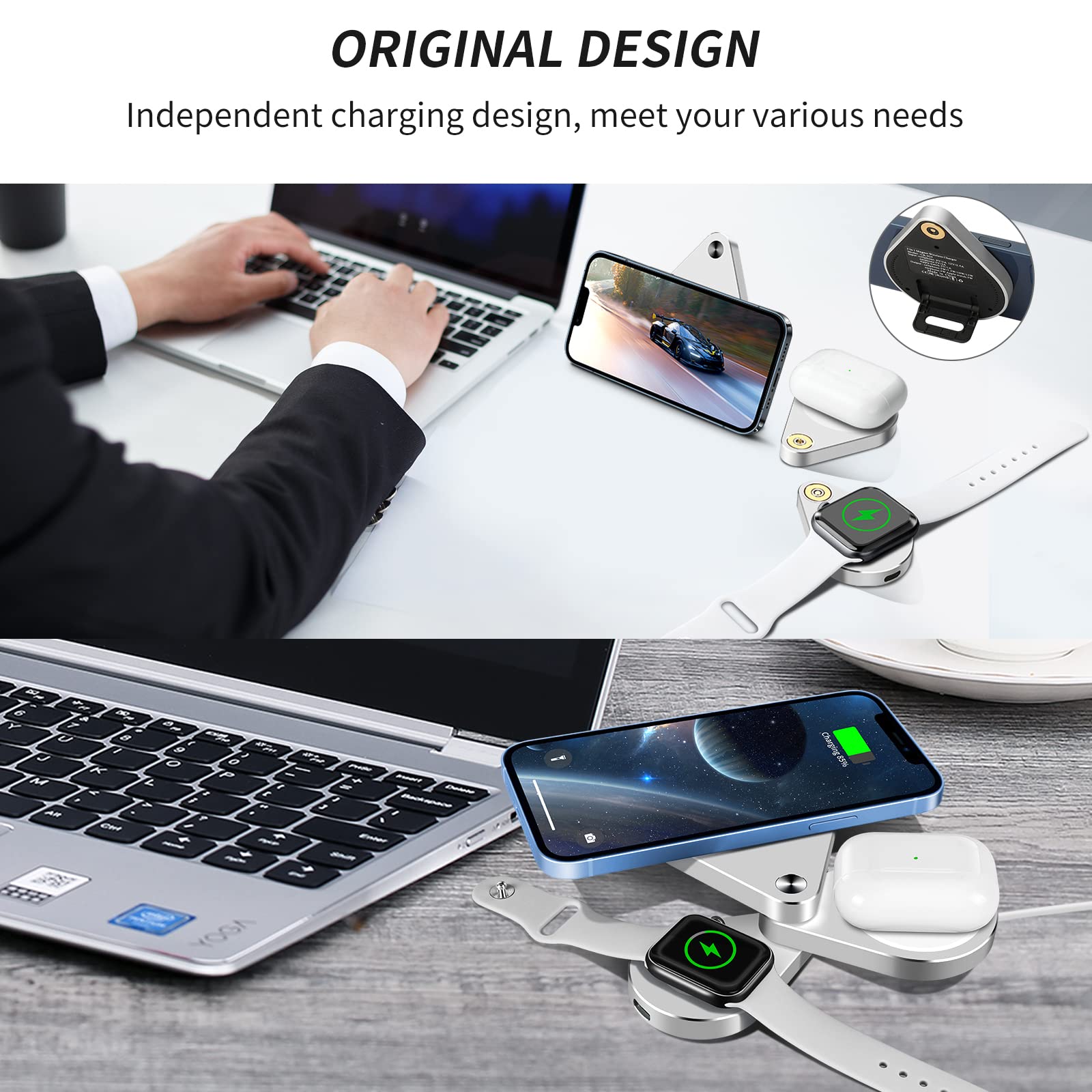 3 in 1 Detachable Magnetic Wireless Charger Stand - 15W Fast Charging Station for iPhone 13/12/11, Apple Watch SE/6/5/4/3/2 & AirPods Pro/2 (Silver) | Foldable Design for Nightstand, Office & Travel Use