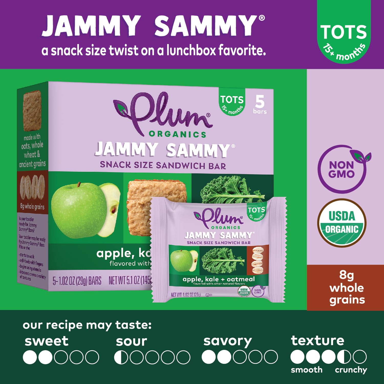Organic Toddler Snack Bars - Plum Jammy Sammy Apple Kale Oatmeal - Pack of 30 for On-the-Go