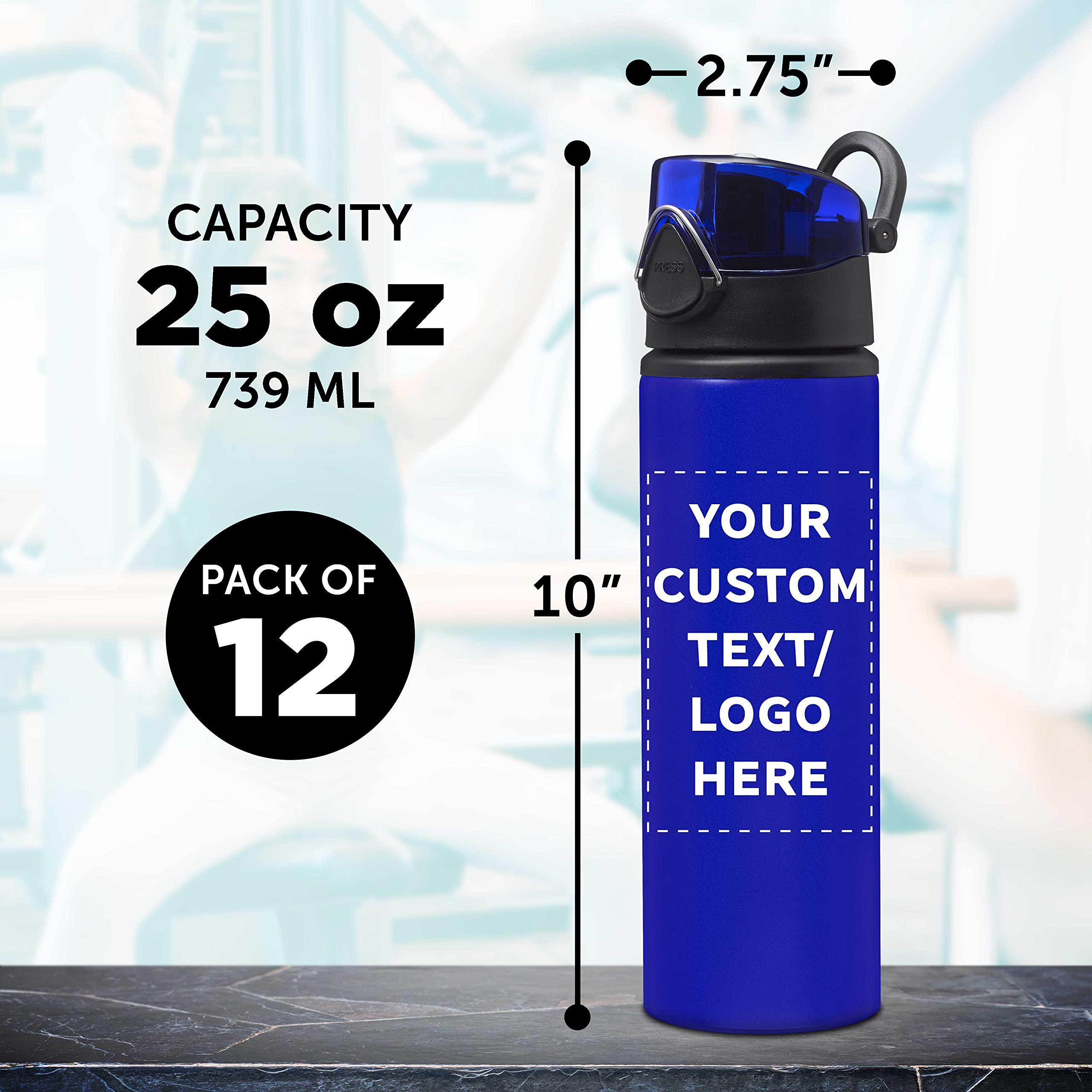 Custom 25 oz Aluminum Water Bottles with Carabiner Clip - Bulk Set of 12 Personalized Refillable Sport Bottles - Ideal for Gym, Hiking, Cycling & School - Blue - Perfect for Outdoor Adventures, Team Events & Corporate Gifts