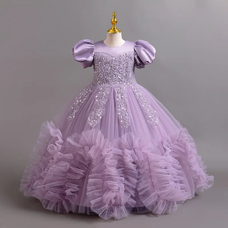 Girls Pearl Puff Sleeve Embroidered Princess Dress 4-12 Years | Elegant Party Gown for Birthday, Carnival & Special Occasions | Perfect for Weddings, Pageants & Tea Parties