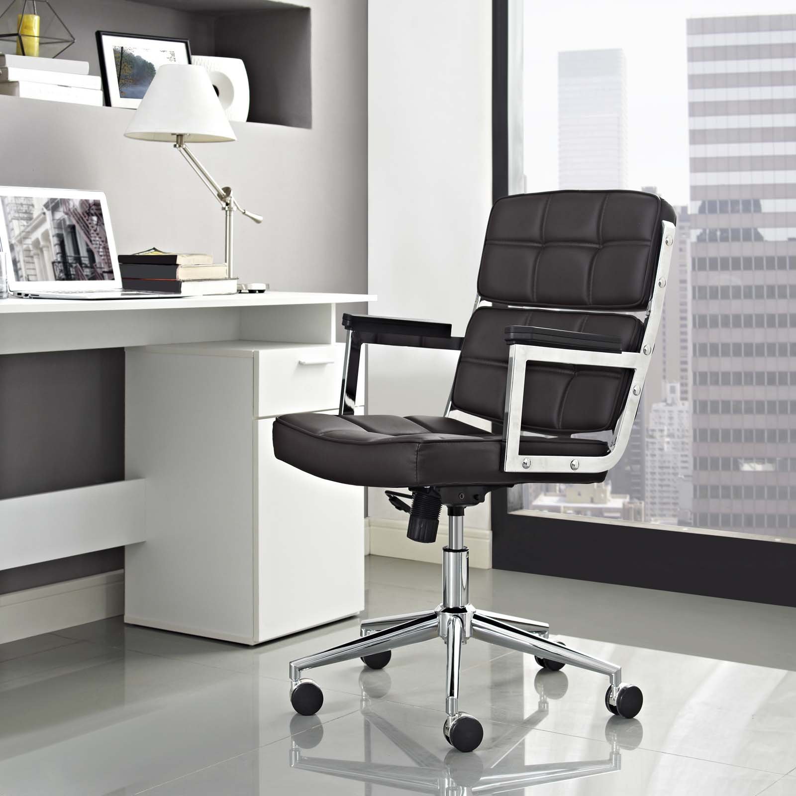 Modway Portray High Back Faux Leather Office Chair - Ergonomic Modern Executive Desk Chair with Adjustable Height & Lumbar Support, Brown - Perfect for Home Office, Gaming & Workspace Comfort