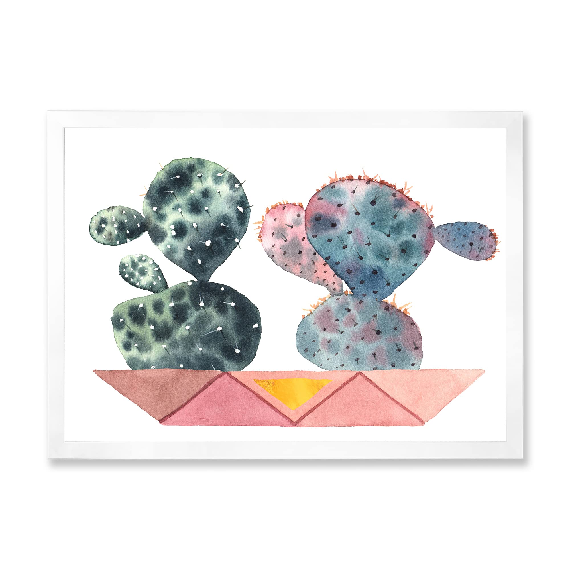 Modern Pink Cactus Duo in Geometric Pots - Framed Wall Art for Home, Office & Living Room Decor