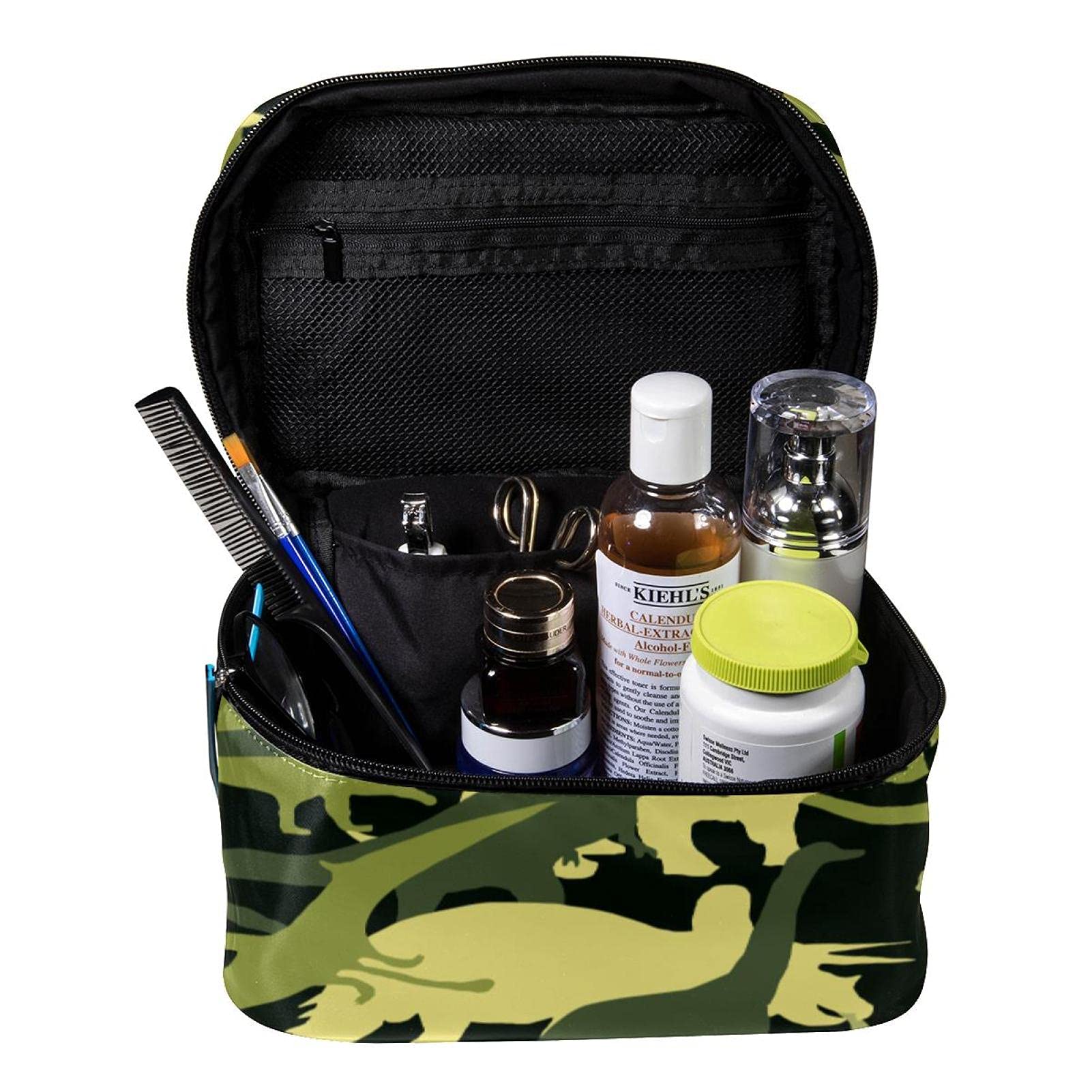 Green Army Camo Dinosaur Print Large Travel Makeup Bag - Waterproof Cosmetic Organizer with Zipper for Women & Girls | Perfect for Travel, Gym, and Daily Essentials Storage