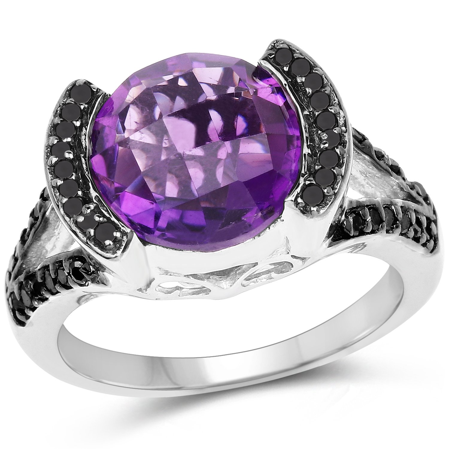 925 Sterling Silver Genuine Amethyst, Black Diamond & White Diamond Ring (3.24 Carat) - Size 5-10 | Elegant Wedding, Engagement & Anniversary Jewelry Gift for Women