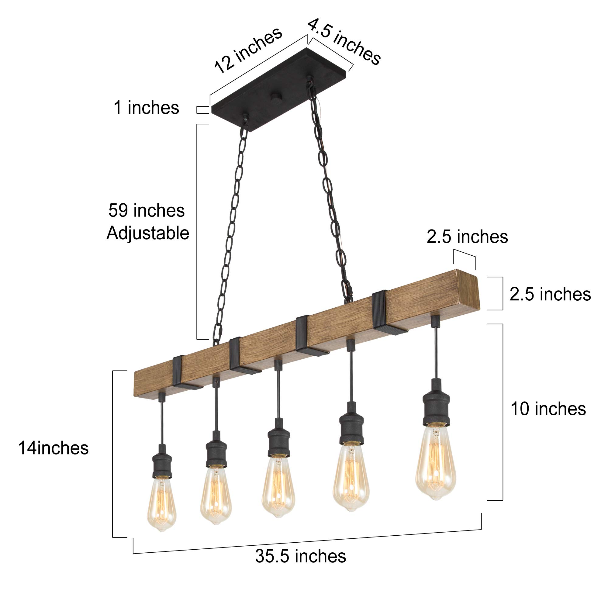 Rustic Faux Wood Farmhouse Chandelier - 5-Light Pendant Lighting for Kitchen Island & Dining Room - Black Wires LOG BARN Kitchen Light Fixtures - Perfect for Country Style Homes and Cozy Restaurant Decor