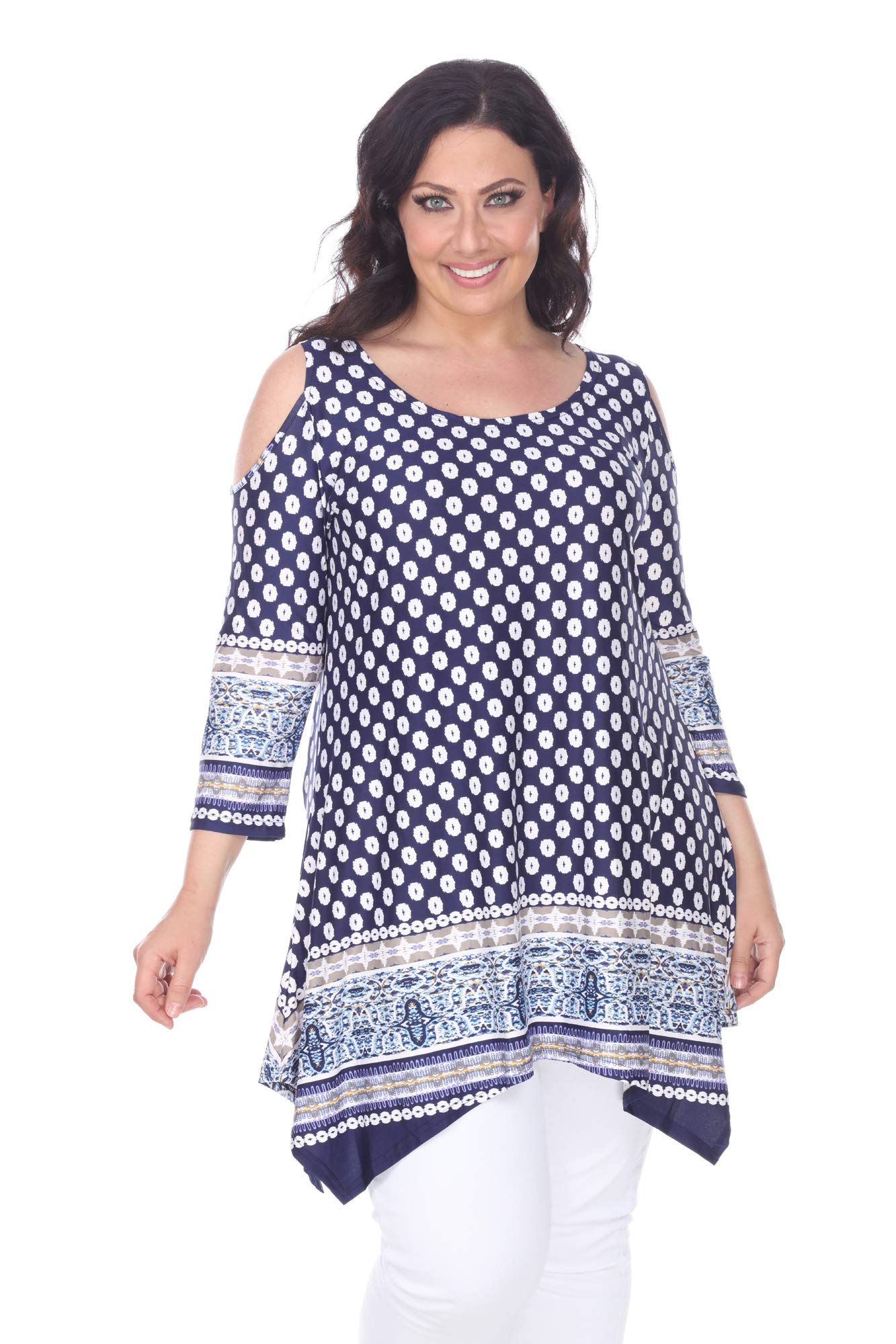 Women's Plus Size Cold Shoulder Tunic Top with Pockets - White Floral Print Casual Blouse for Summer Outings, Beach Wear & Date Nights