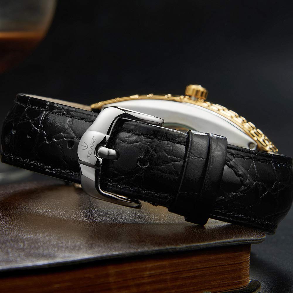 Luxury Men's Automatic Mechanical Watch - Rose Gold Rectangle Dial with Black Leather Strap - Stylish Casual Dress Watch for Business, Office & Everyday Wear