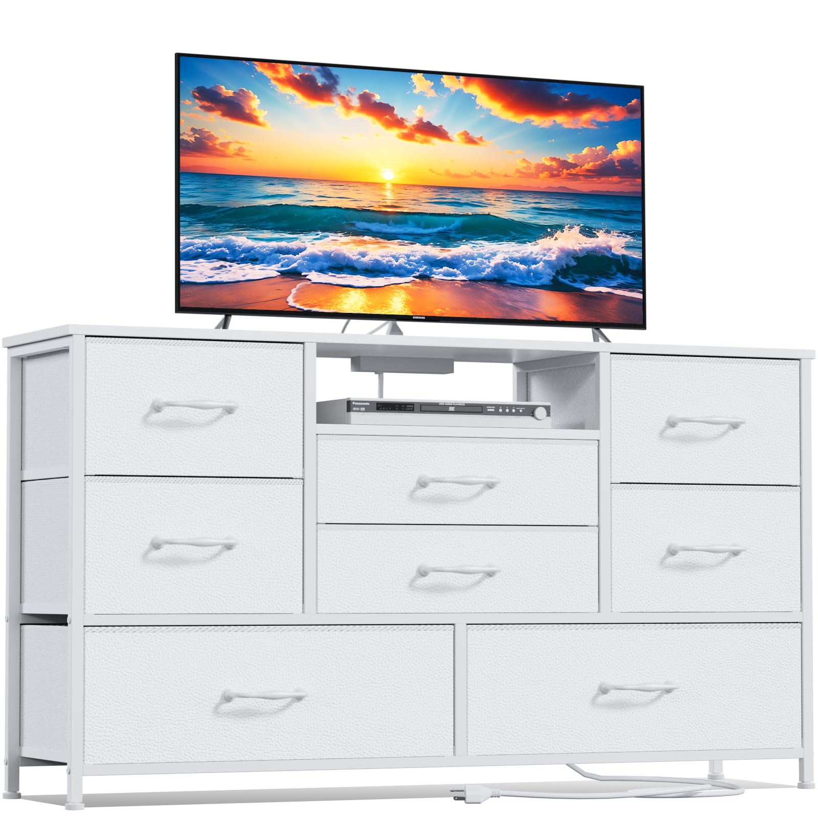 Modern White Dresser with Power Outlet - 8-Drawer Storage Chest for Bedroom, Living Room, Entryway & Hallway - Perfect TV Stand for 55
