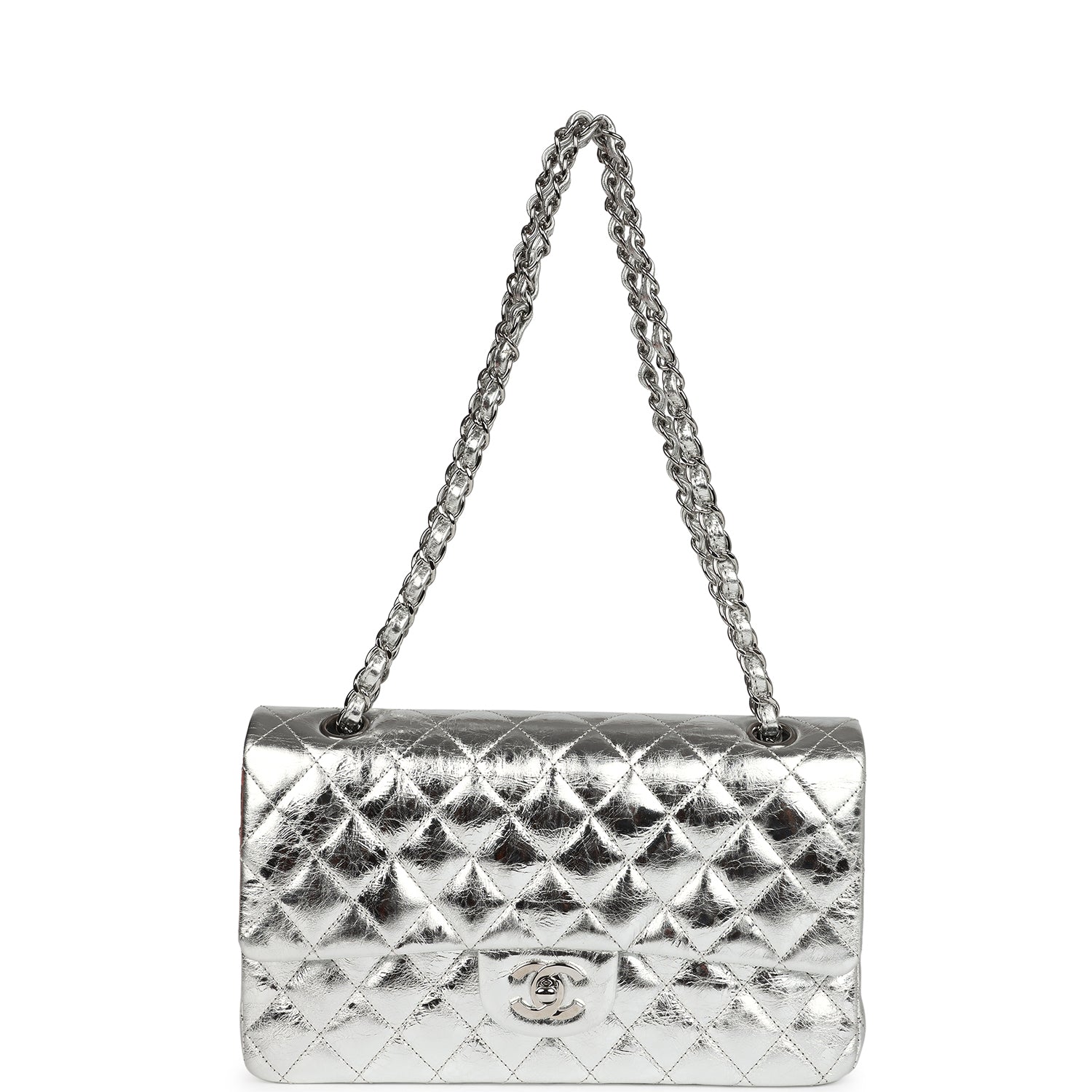 Chanel Medium Classic Double Flap Bag in Metallic Silver Aged Calfskin with Silver Hardware - Luxury Designer Handbag for Women, Perfect for Evening Events & Special Occasions