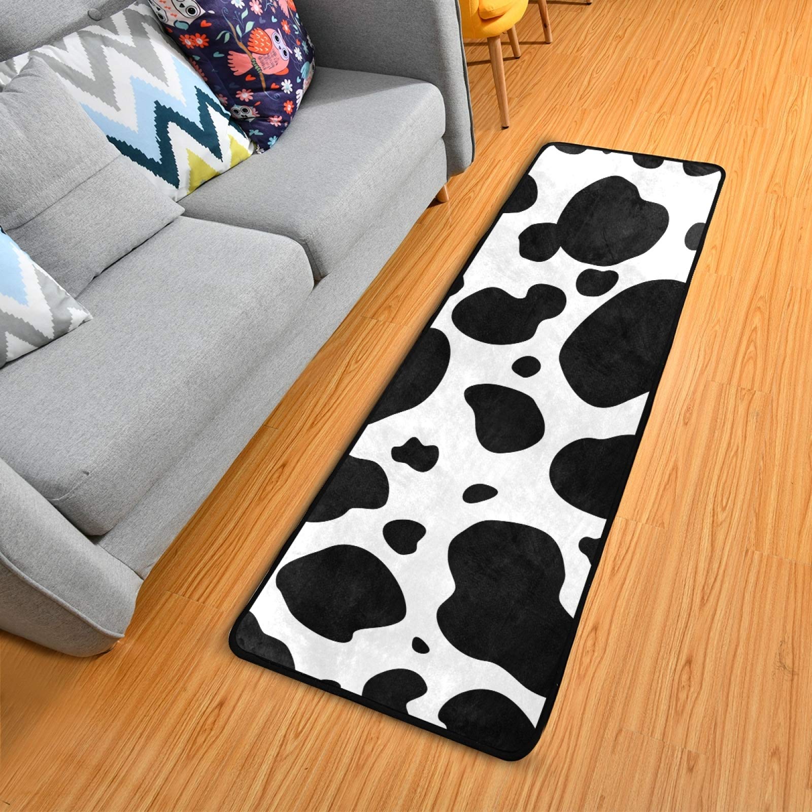Non-Slip Black and White Cow Print Runner Rug 2x6 FT - Soft Indoor Hallway Carpet for Kitchen, Bathroom, Bedroom Entry - Perfect for Farmhouse Decor & High Traffic Areas