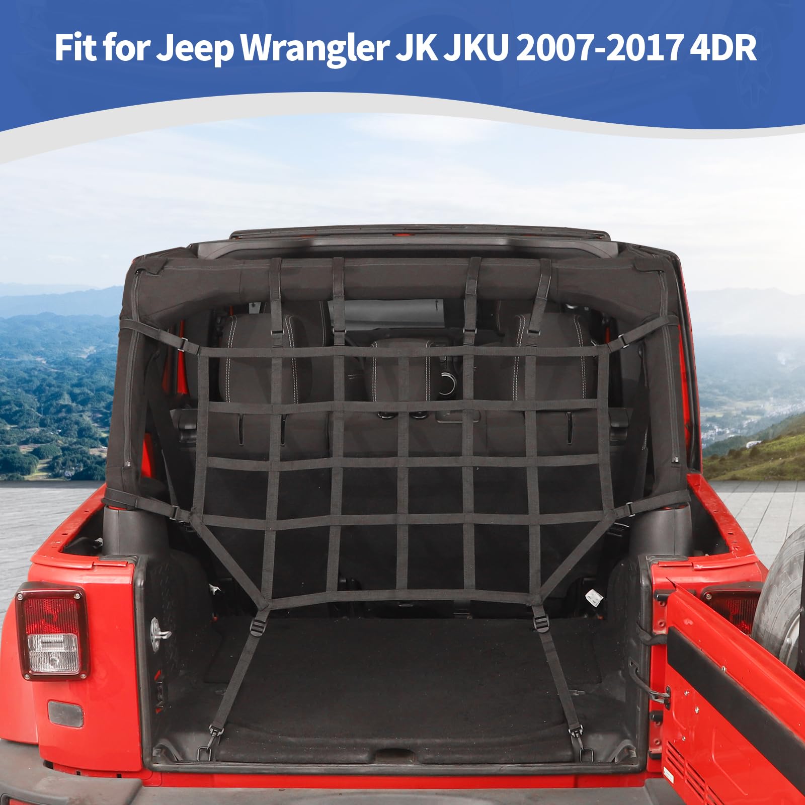 Jeep Wrangler JKU Cargo Net - Heavy Duty Black Rear Storage Restraint System for 2007-2017 4-Door Models (3-Piece Set) | Perfect for Off-Road Adventures, Camping Gear Organization & Vehicle Storage Solutions