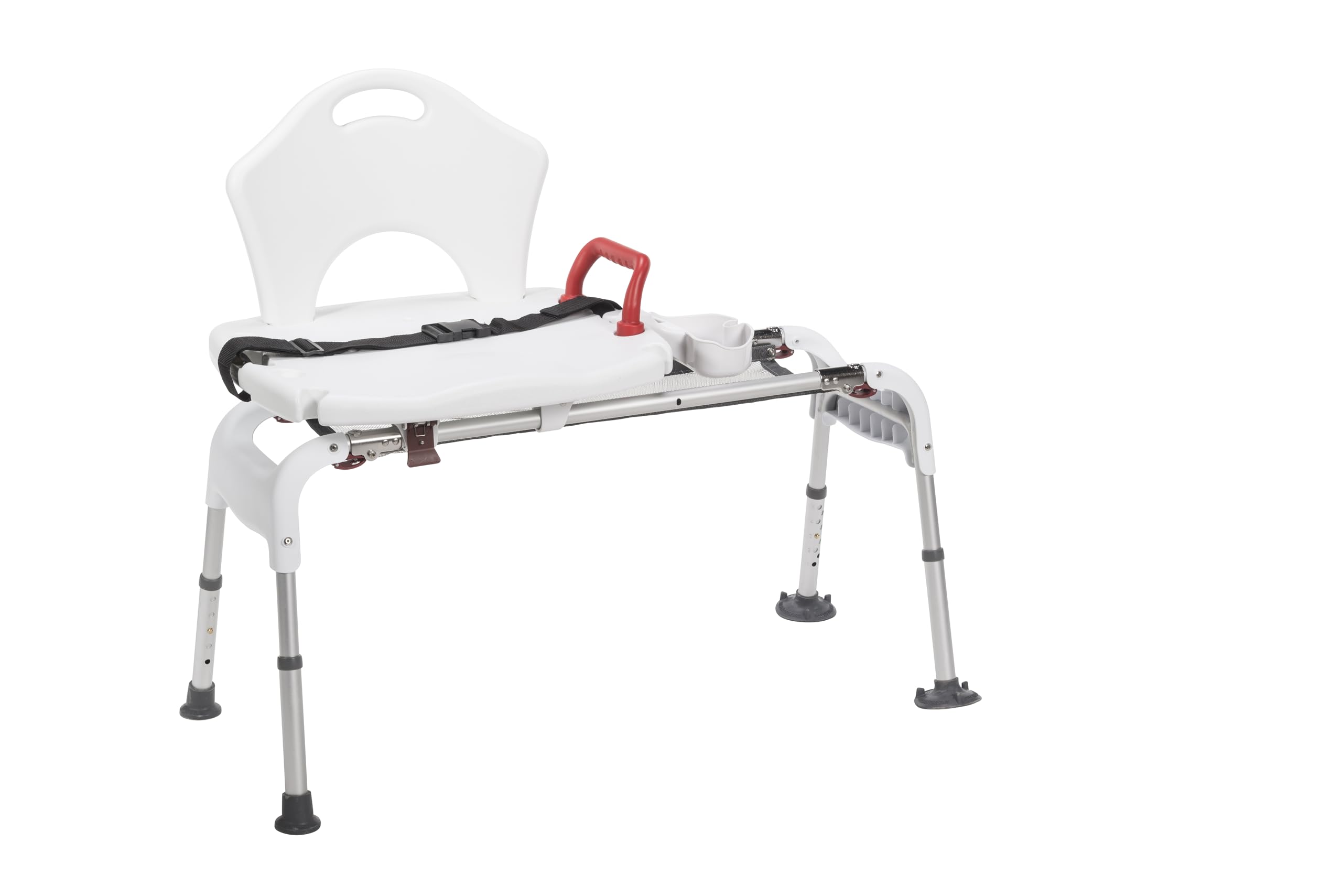 Drive Medical RTL12075 Adjustable Height Sliding Bathtub Transfer Bench - Shower Chair with Armrests & Seatbelt, 300 lb Weight Capacity, White - Ideal for Elderly & Mobility Assistance, Safe Bathing Solution for Disabled & Seniors