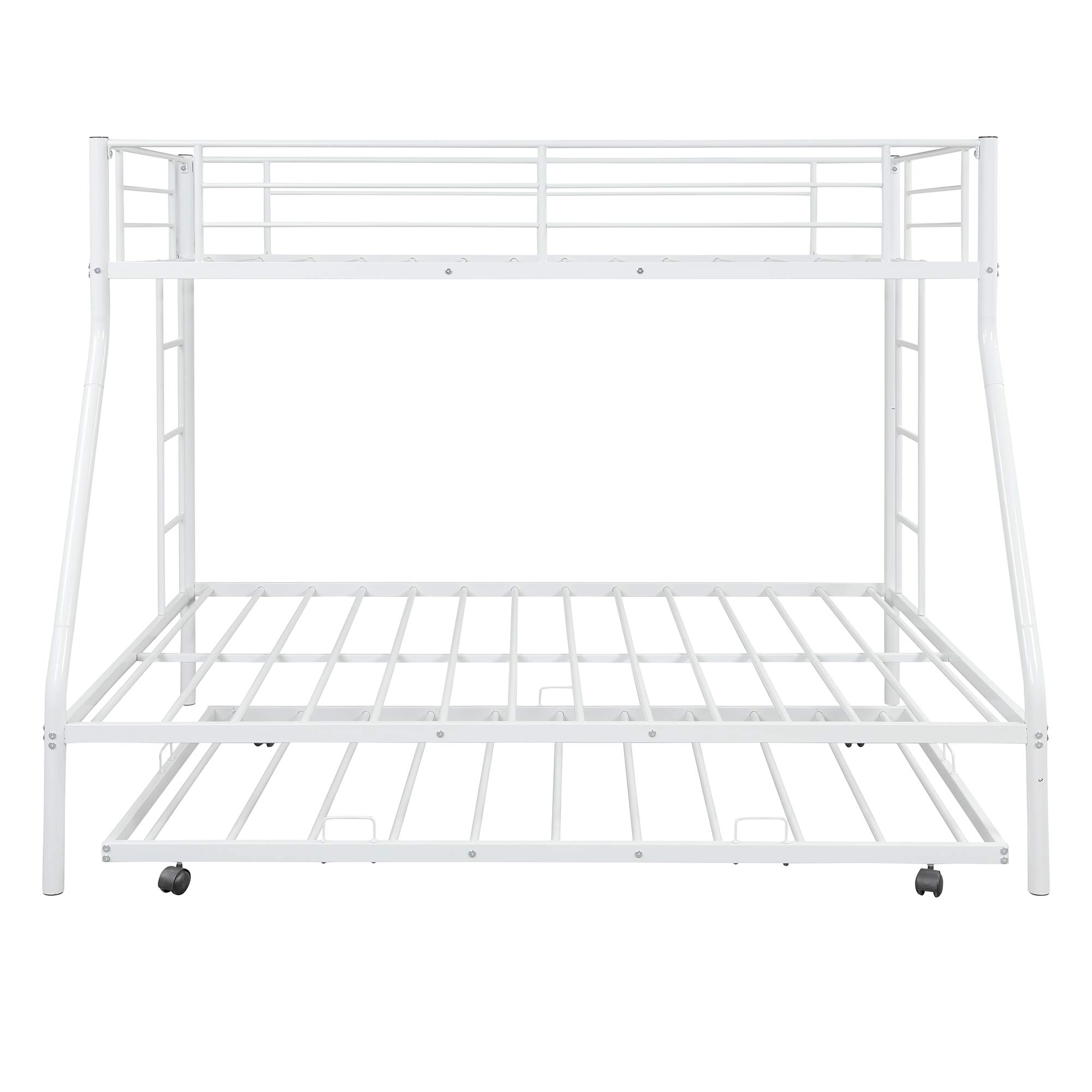 Metal Bunk Beds Twin Over Full Size with 2 Ladders & Trundle Bed - Sturdy Space-Saving Bunk Bed for Kids, Teens & Adults (White) | Perfect for Small Bedrooms, Guest Rooms & Vacation Homes