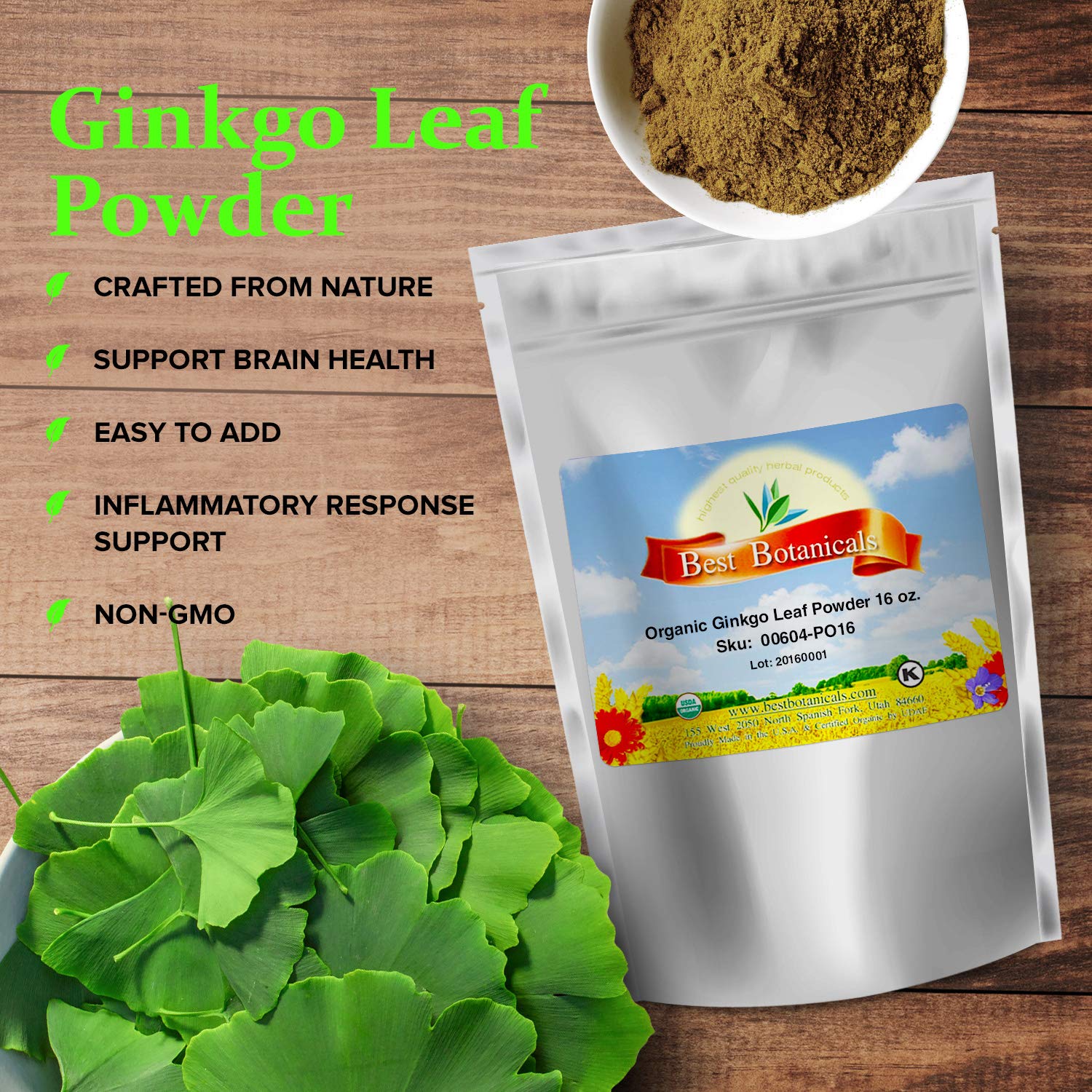 Premium Organic Ginkgo Biloba Leaf Powder - 16 oz (1 lb) | Natural Memory & Brain Support Supplement | Ideal for Smoothies, Teas & Wellness Recipes