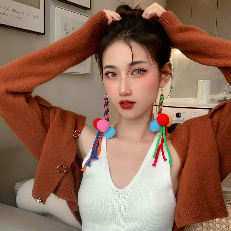 Rainbow Knit Tassel Drop Earrings for Women | Long Bohemian Dangle Earrings | Handmade Yarn Statement Jewelry | Perfect for Festivals, Parties, and Boho Fashion Accessories