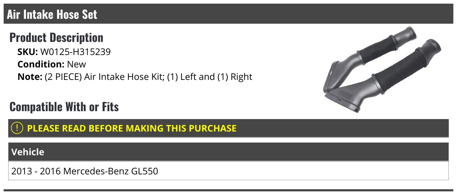 High-Performance Air Intake Hose Set of 2 - Compatible with 2013-2016 Mercedes Benz GL550 - Perfect for Engine Upgrade & Performance Enhancement