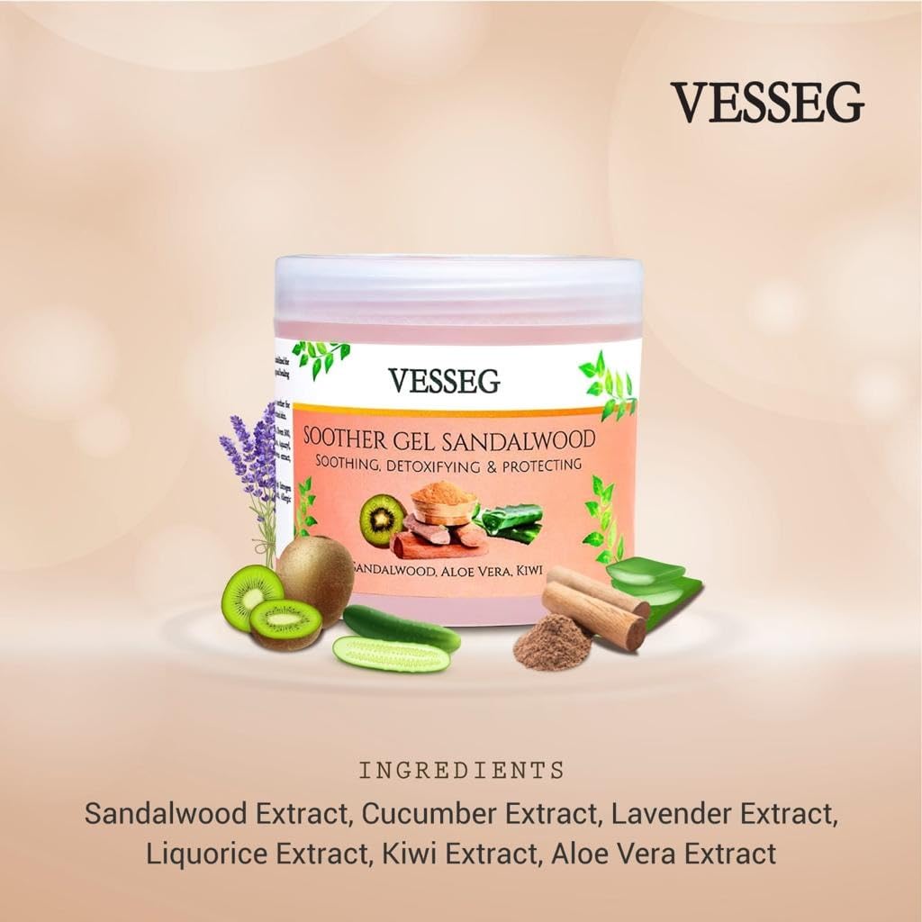 VESSEG Sandalwood Soothing Gel with Aloe Vera & Kiwi Extract - 100g Detoxifying Skin Care for Hydration, Protection & Relief - Perfect for Sunburn, Acne, and Dry Skin Treatment