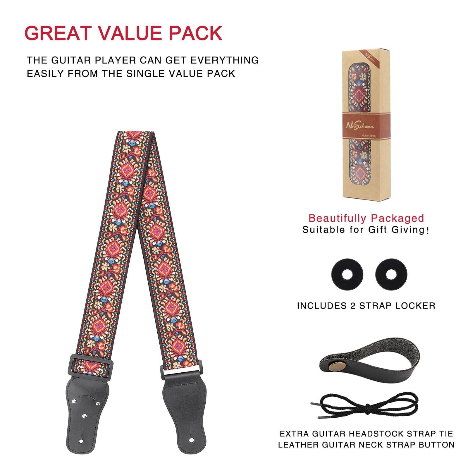 Premium Cotton Jacquard Guitar Strap for Electric, Acoustic & Bass Guitars - Includes 2 Free Silicone Strap Locks - Comfortable & Durable for Live Performances, Studio Sessions & Practice