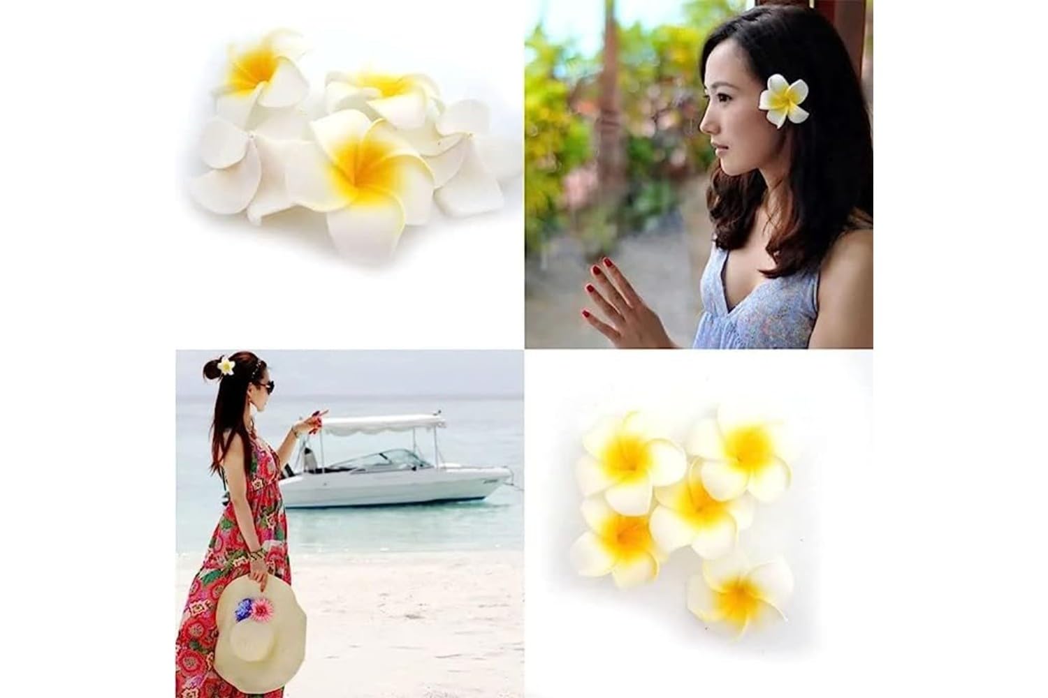 ALIBA COLLECTION 6-Piece Plumeria Foam Hair Clips for Women & Girls - Hawaiian Flower Hair Accessories in White & Yellow - Perfect for Beach Parties, Weddings & Summer Styling