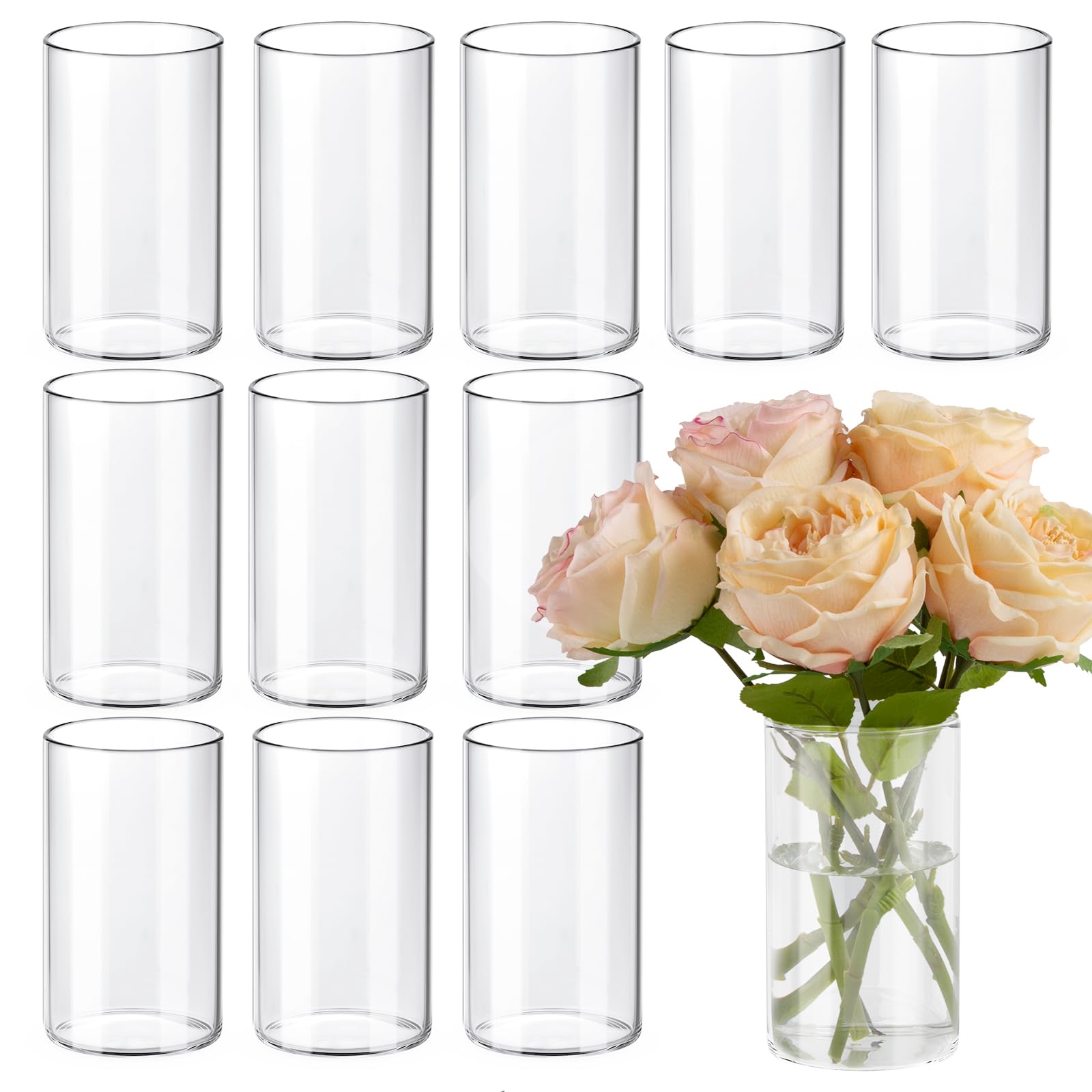 12-Piece Clear Glass Cylinder Vases Set - 6 Inch Tall Wedding Centerpieces, Floral Arrangement Vases for Home Decor, Hurricane Candle Holders for Tables, Shelves & Party Decorations - Perfect for Weddings, Dining Tables, and Living Room Displays